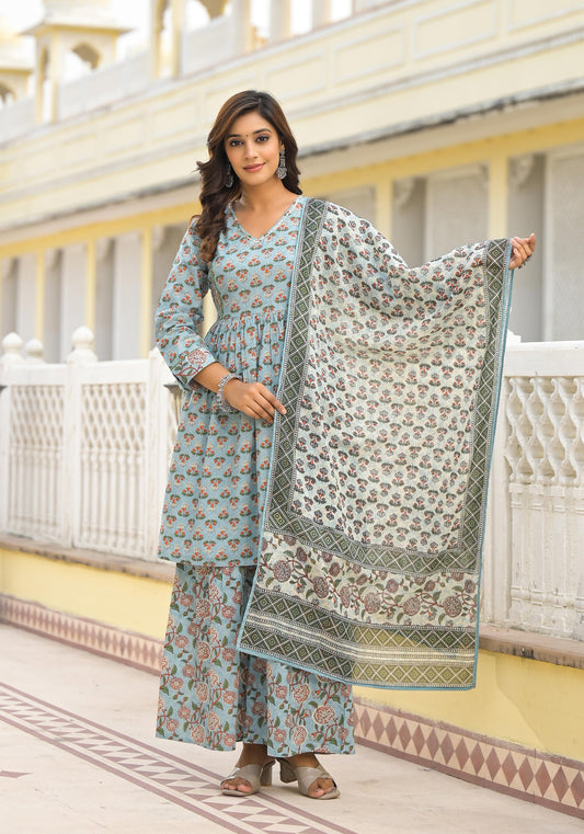 Juniper Women's Grey Floral Printed Cotton Kurta Sharara And Dupatta Set With Sequins