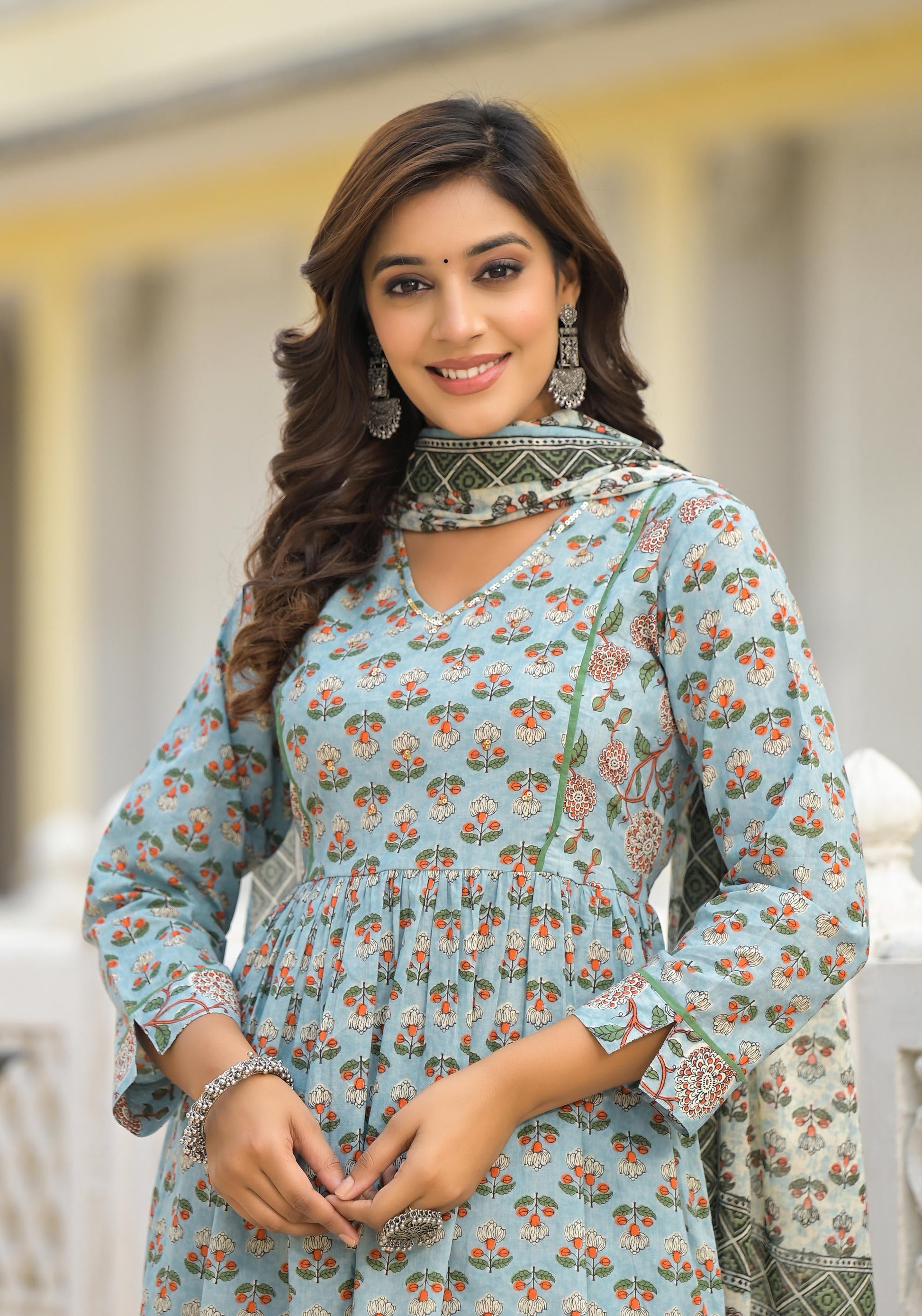 Juniper Women's Grey Floral Printed Cotton Kurta Sharara And Dupatta Set With Sequins