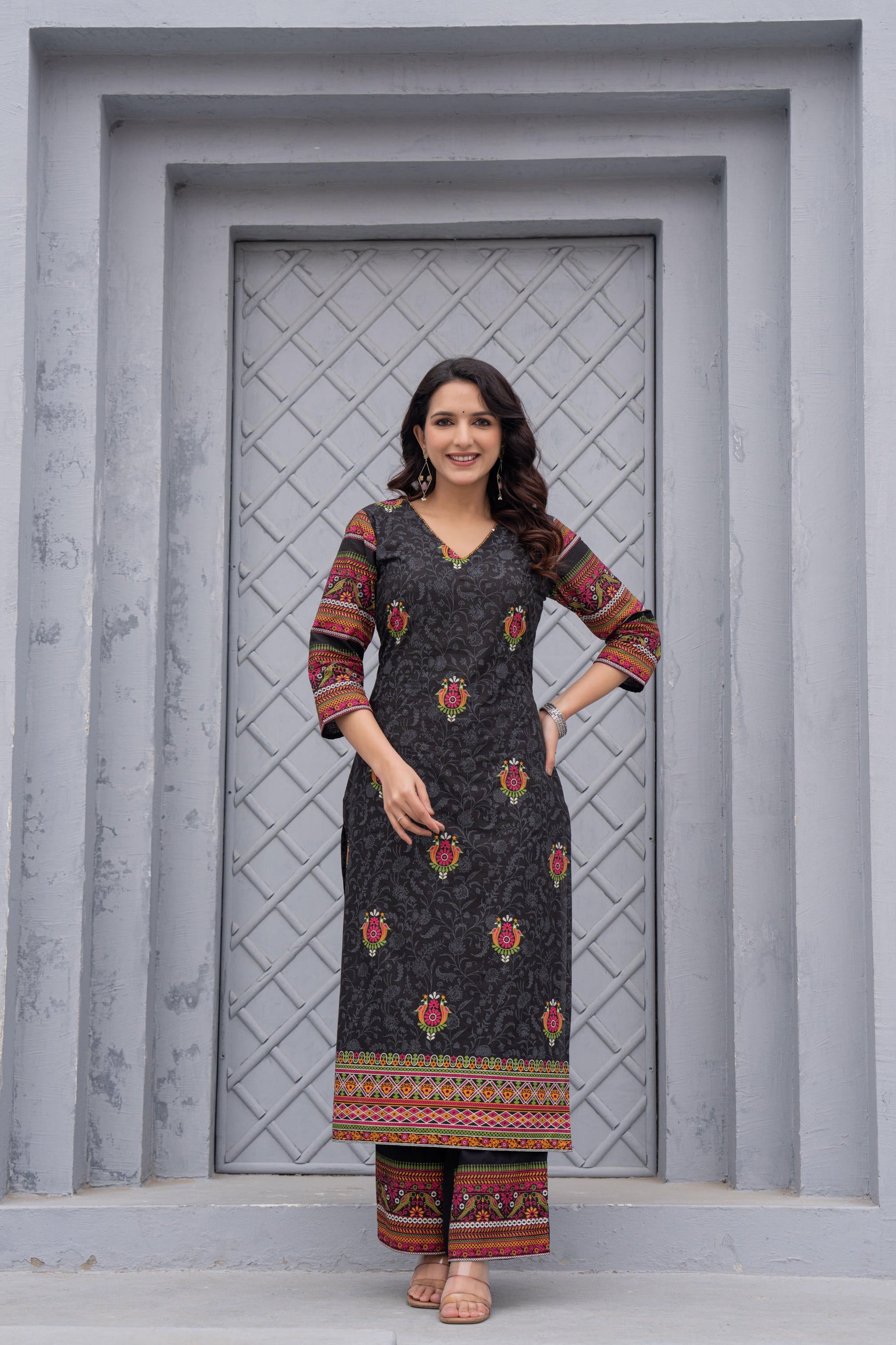 Juniper Black Floral Printed Cotton Kurta Set With Thread Work & Sequins