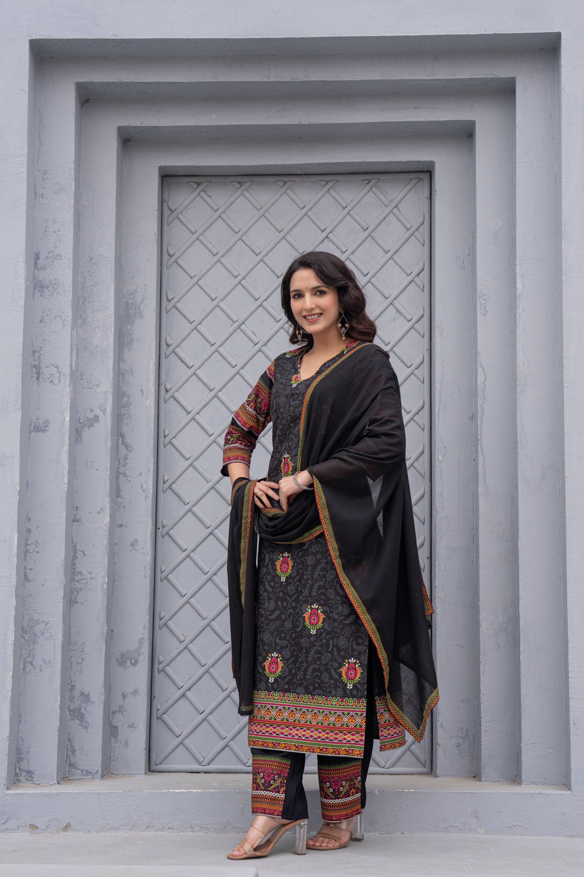 Juniper Black Floral Printed Cotton Kurta Set With Thread Work & Sequins