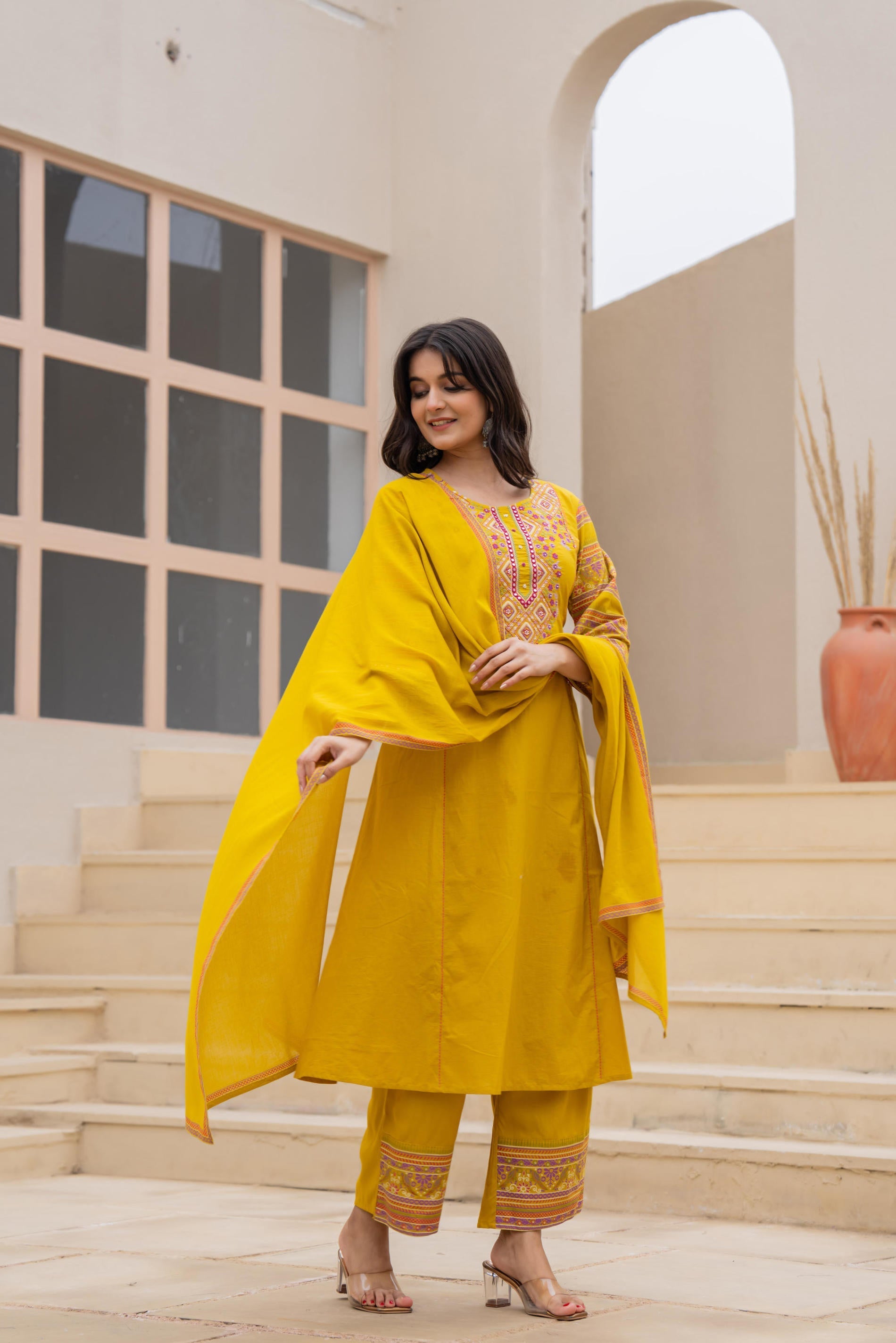 Juniper Mustard Embroidered Kurta Set with Printed Pant & Dupatta