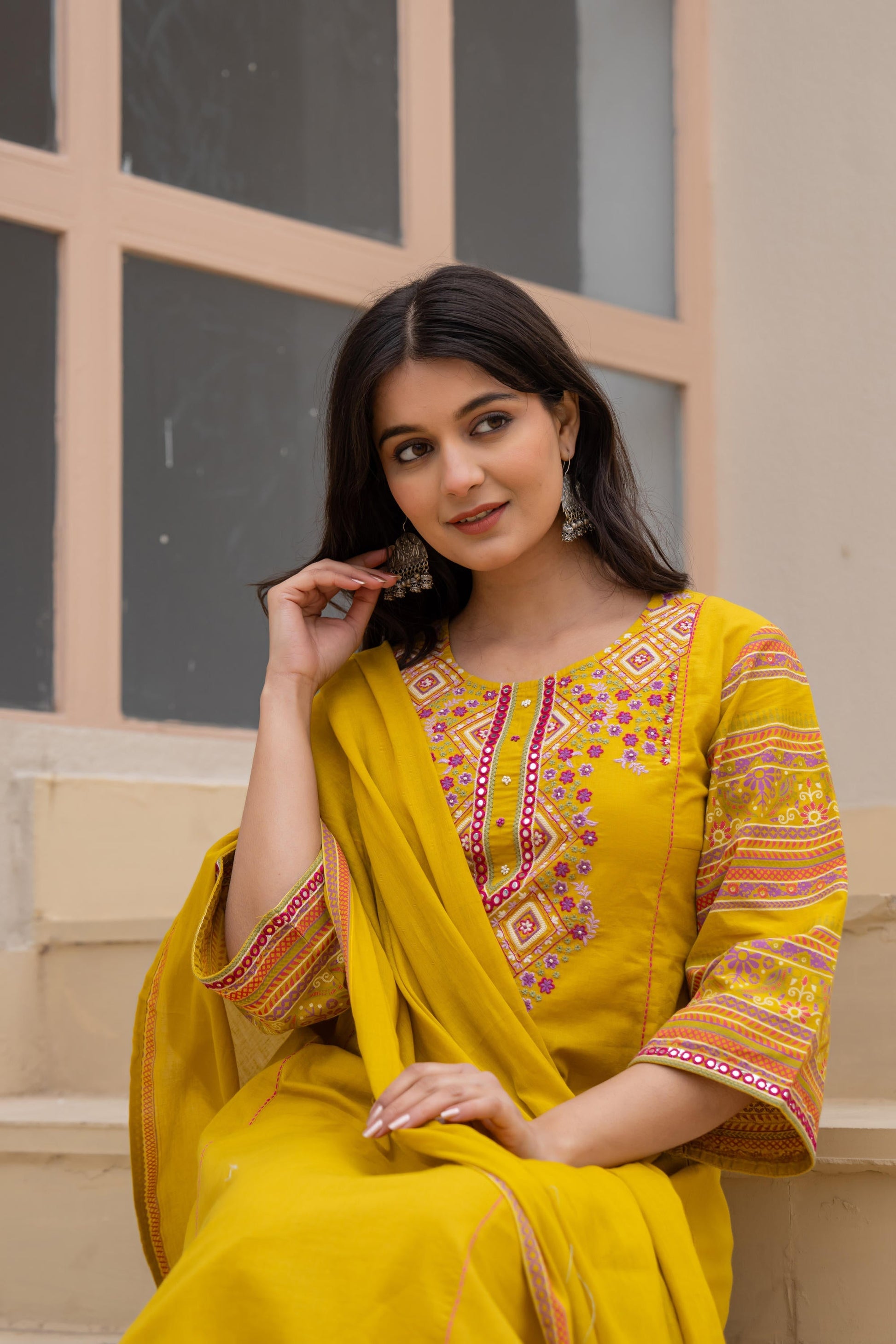 Juniper Mustard Embroidered Kurta Set with Printed Pant & Dupatta