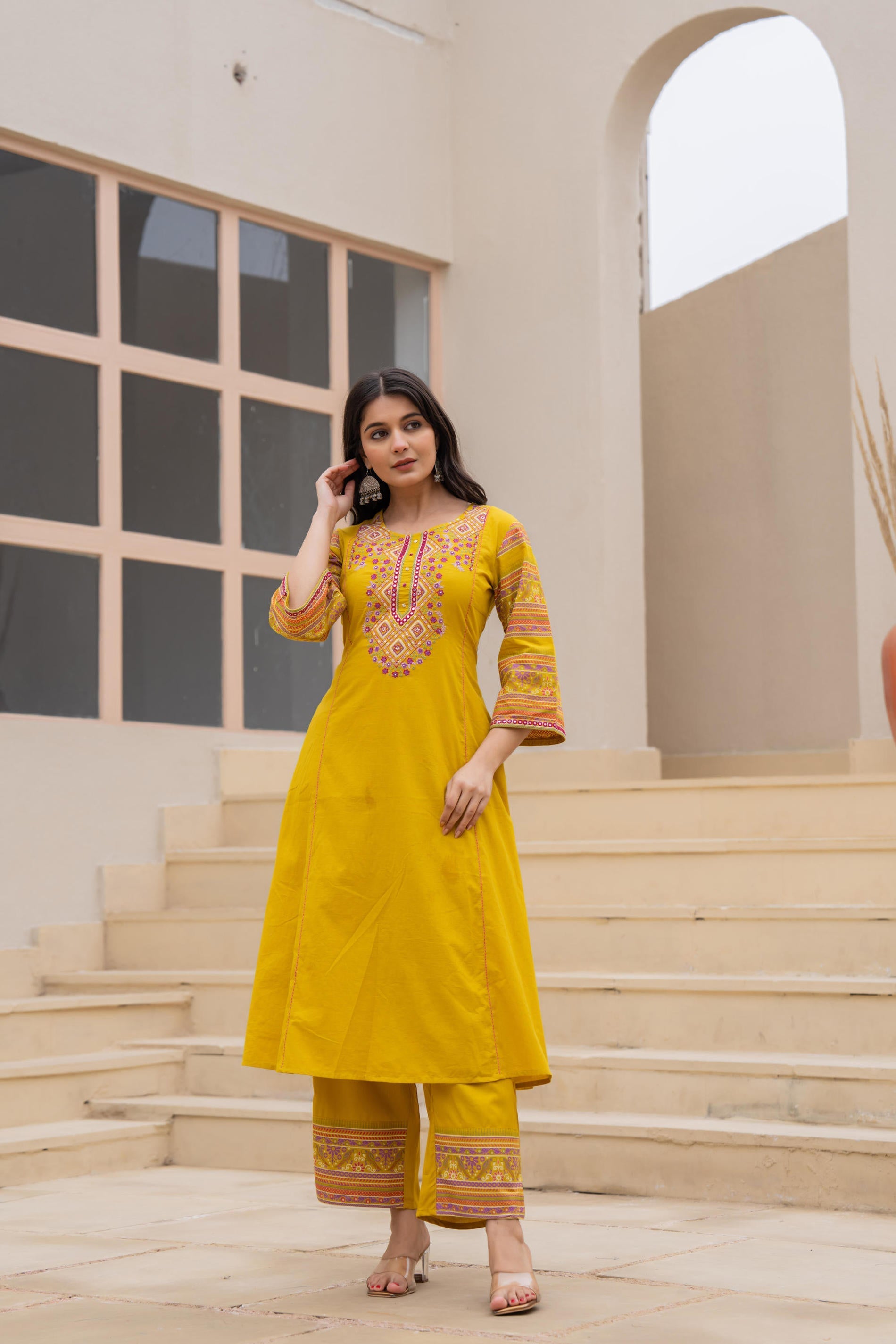 Juniper Mustard Embroidered Kurta Set with Printed Pant & Dupatta