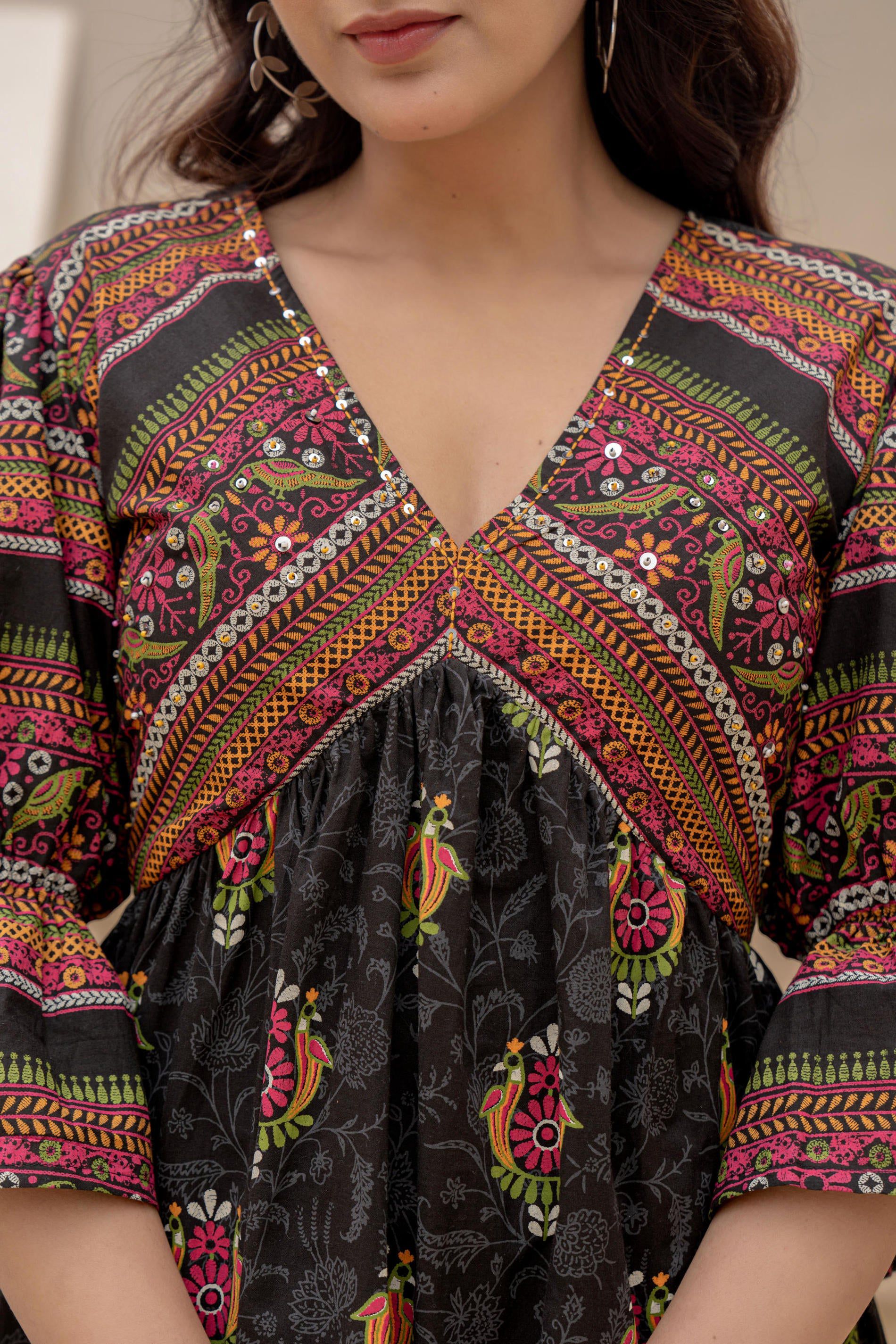 Juniper Black Printed Fit & Flare Dress with Tribal Border