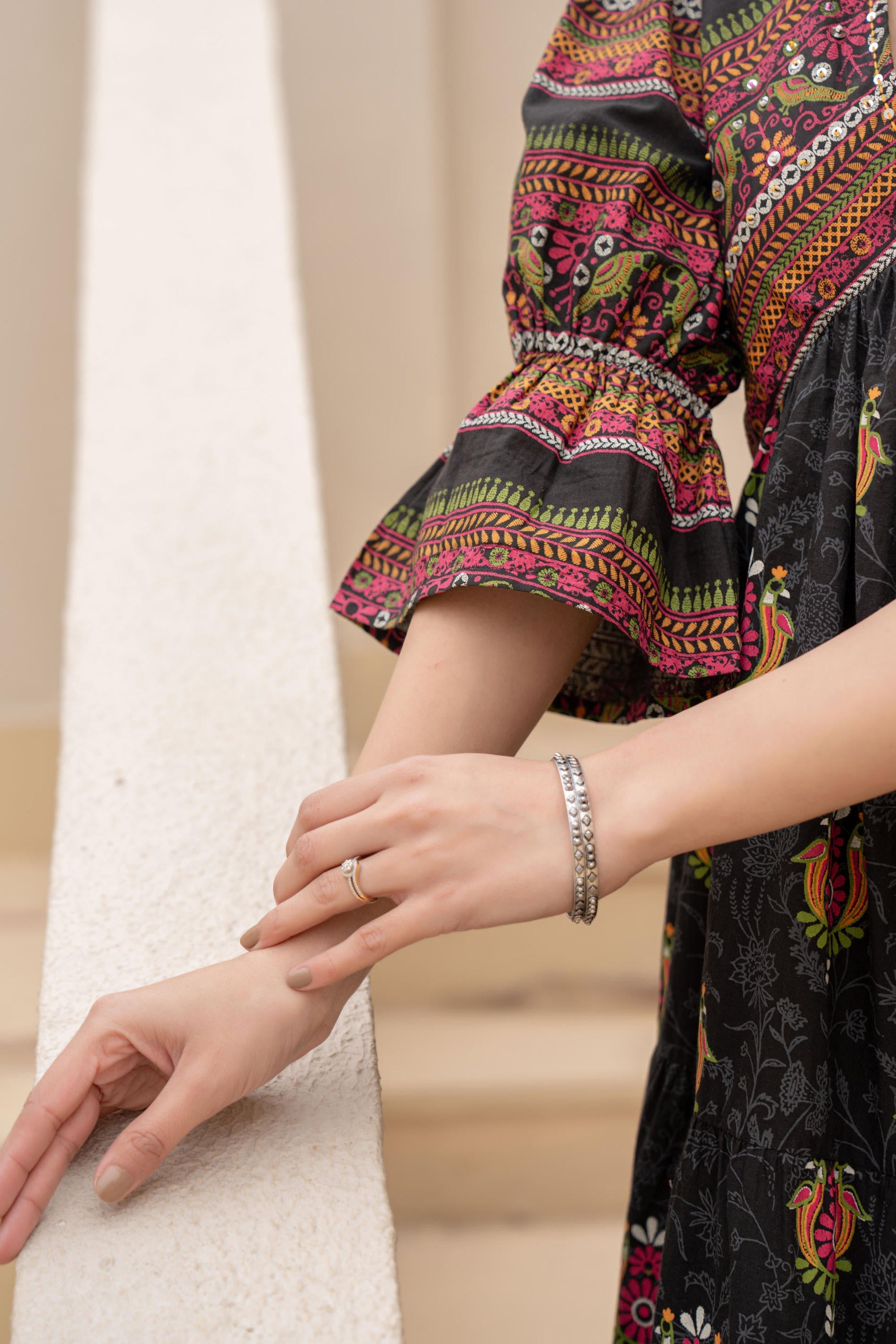 Juniper Black Printed Fit & Flare Dress with Tribal Border