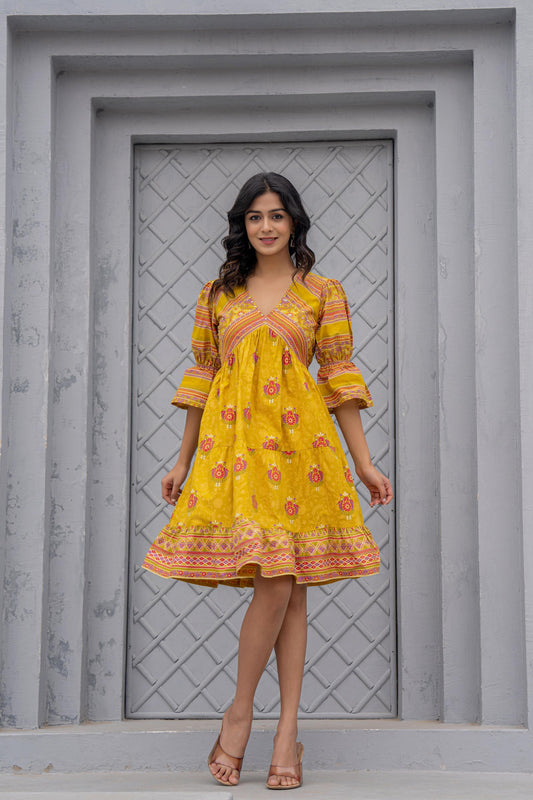 Juniper Mustard Printed Fit & Flare Dress with Tribal Border