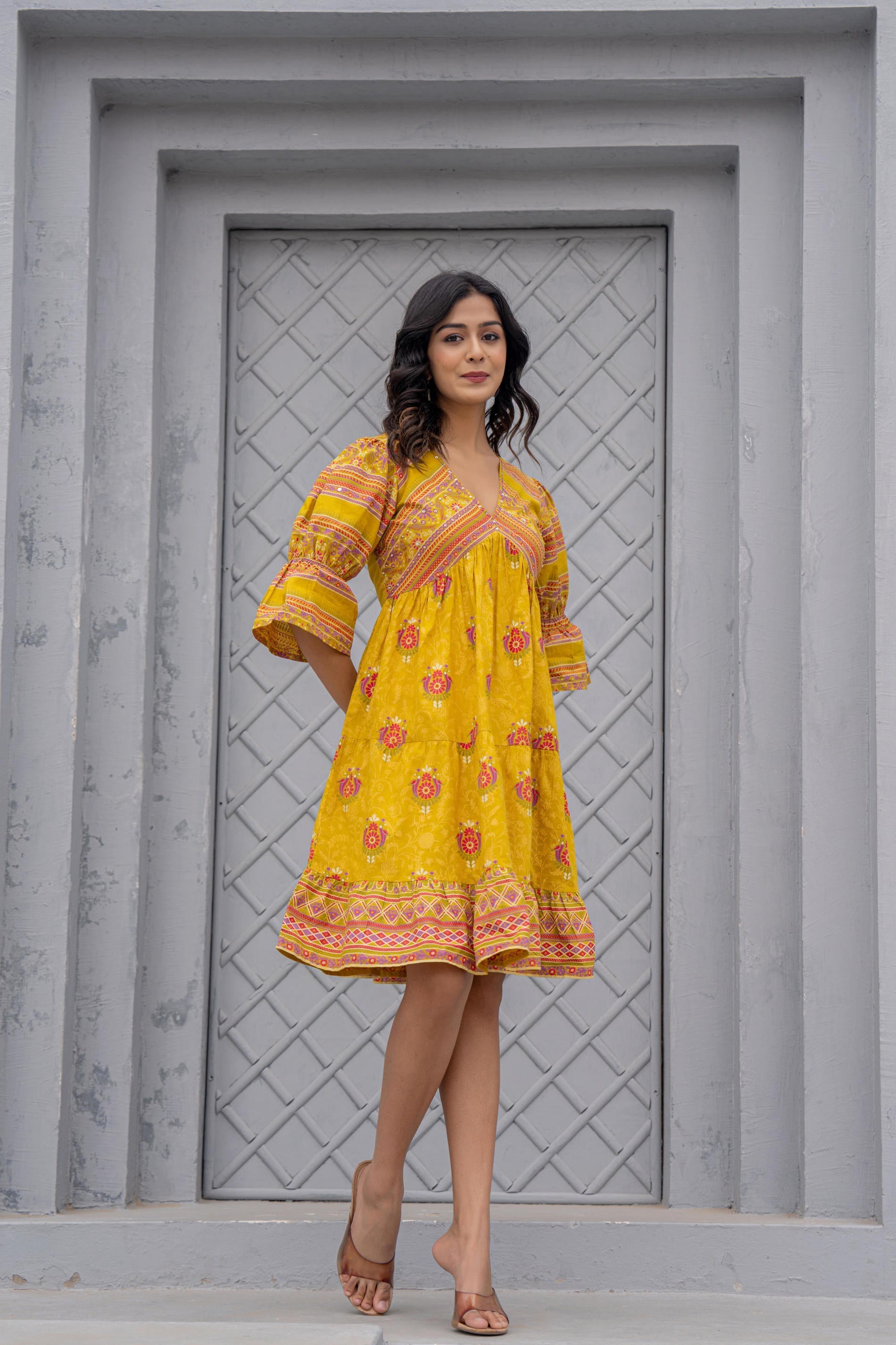 Juniper Mustard Printed Fit & Flare Dress with Tribal Border