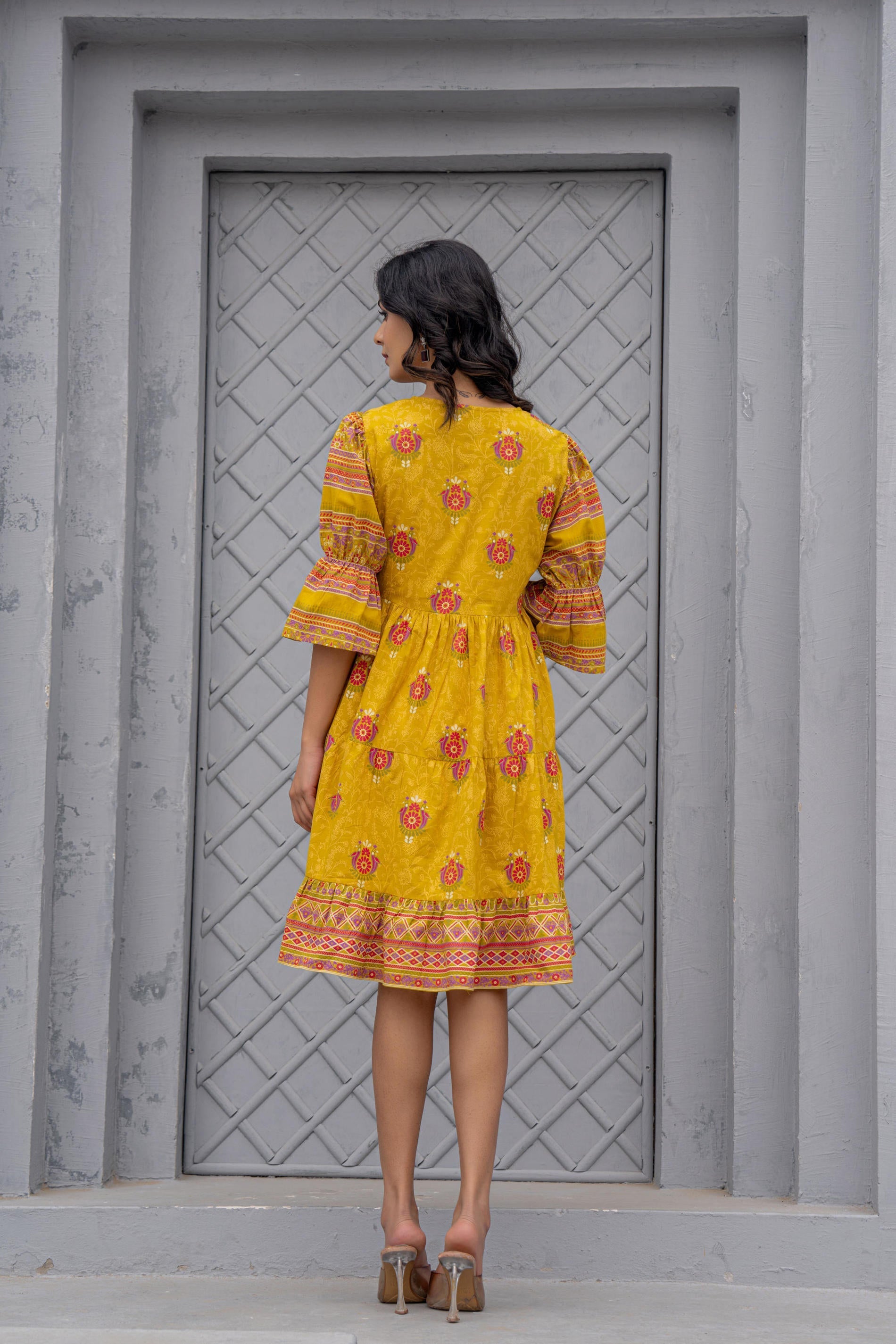 Juniper Mustard Printed Fit & Flare Dress with Tribal Border