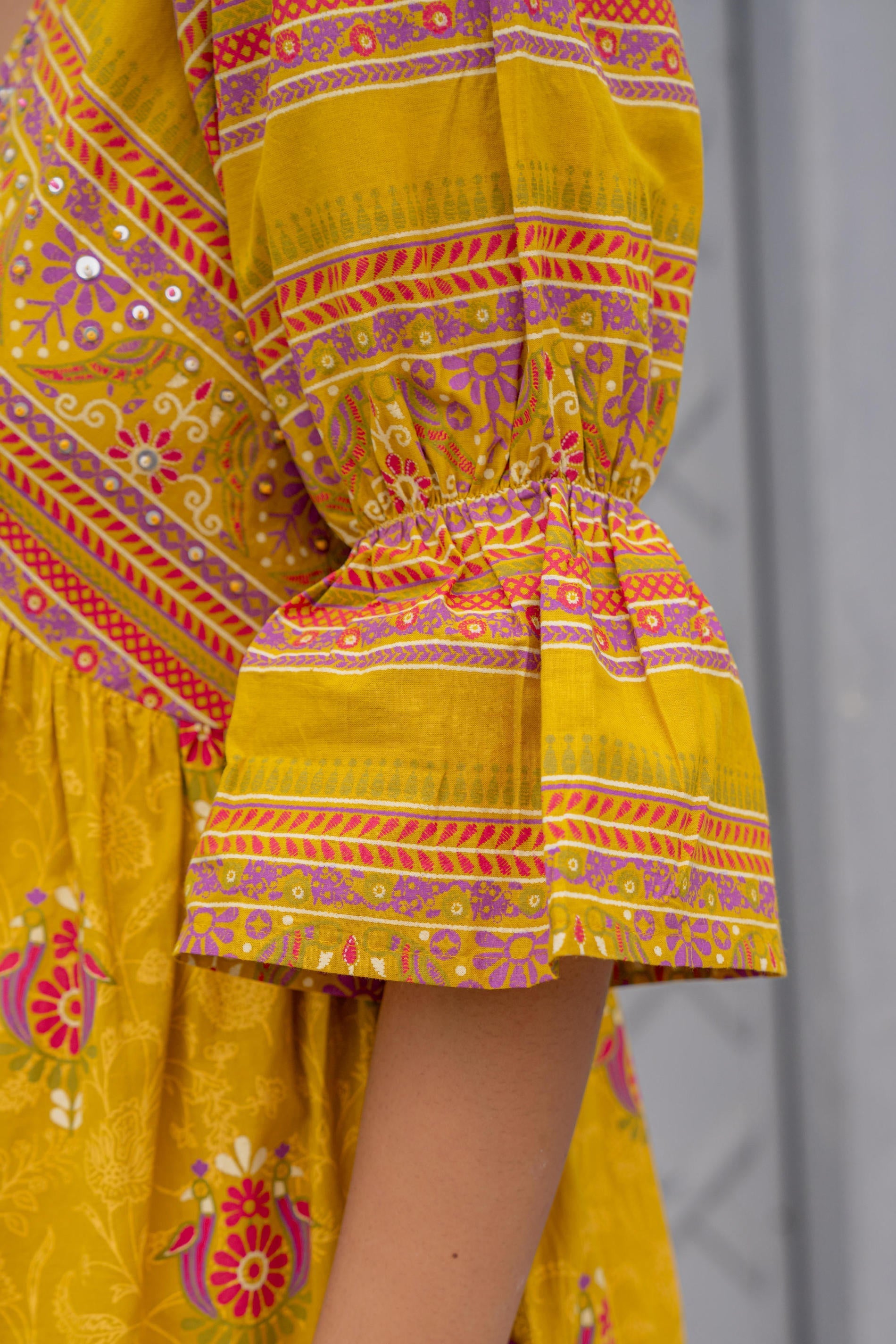 Juniper Mustard Printed Fit & Flare Dress with Tribal Border