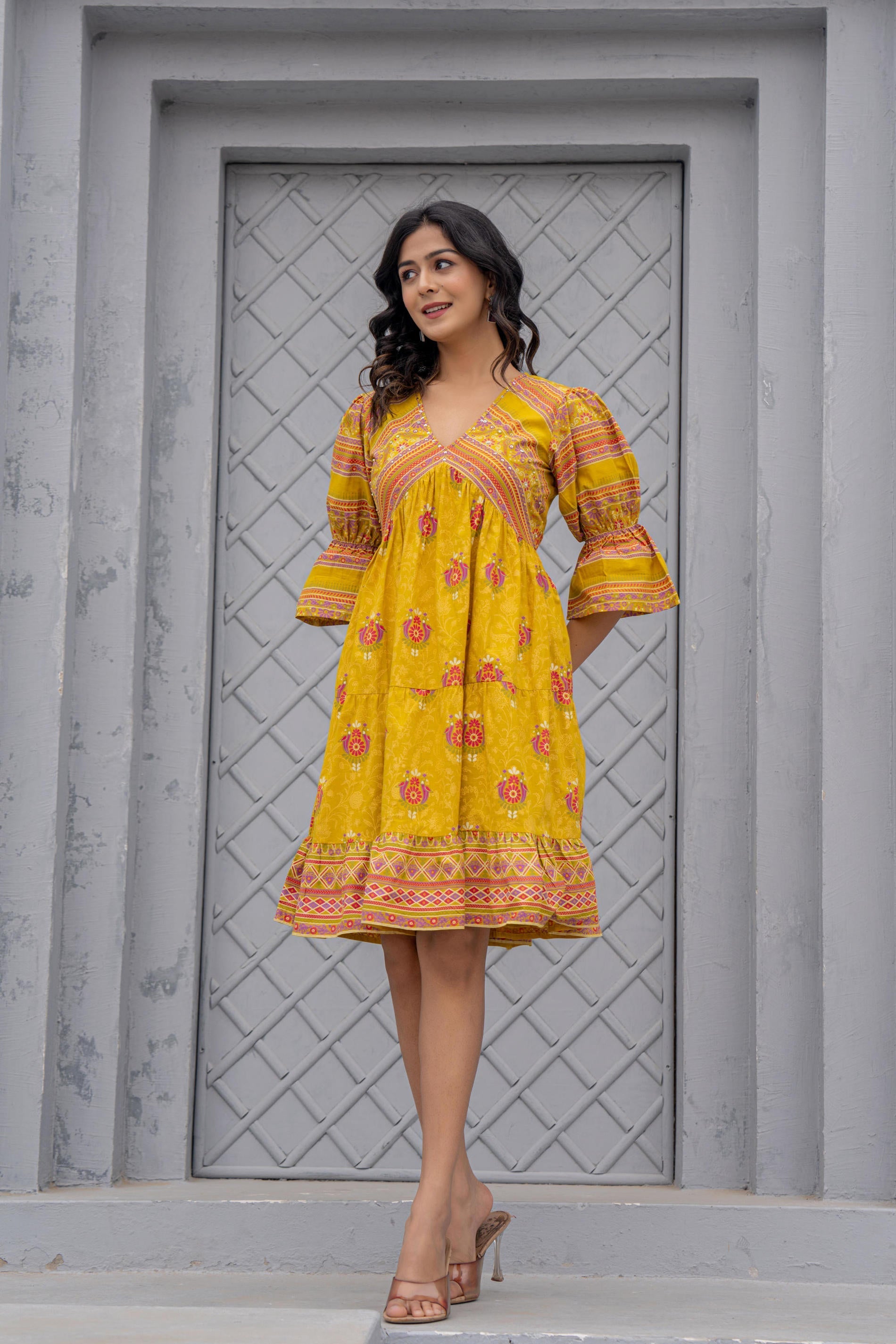 Juniper Mustard Printed Fit & Flare Dress with Tribal Border