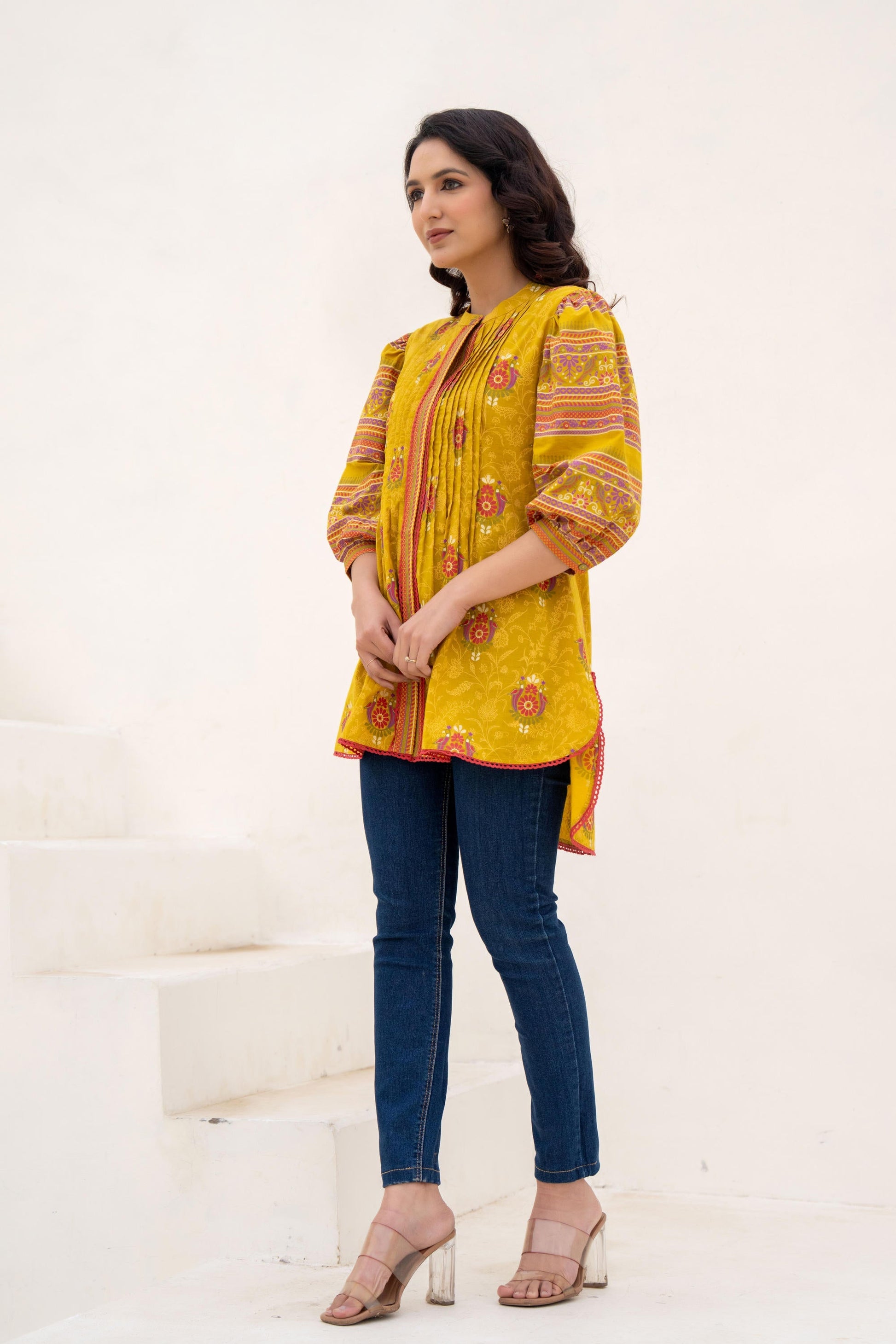 Juniper Mustard Printed Pleated Tunic with Puff Sleeves