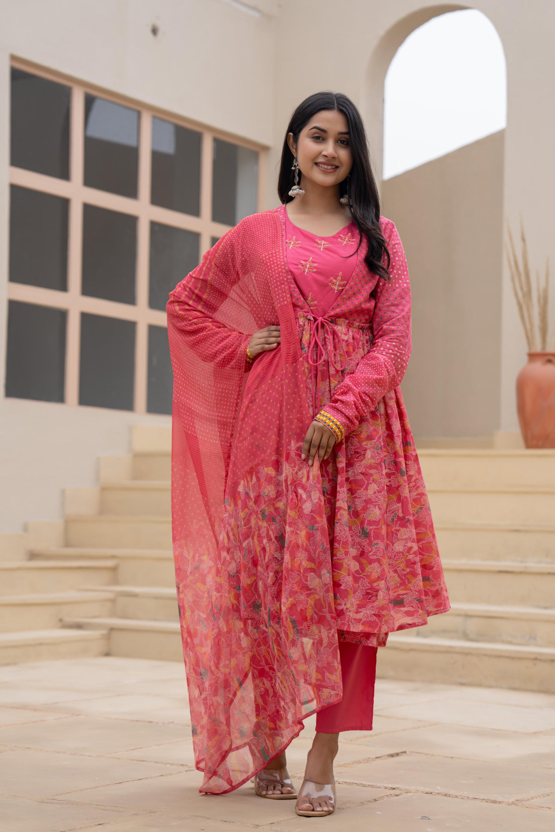 Juniper Fuchsia Embroidered & Printed Layered Dress Set with Dupatta