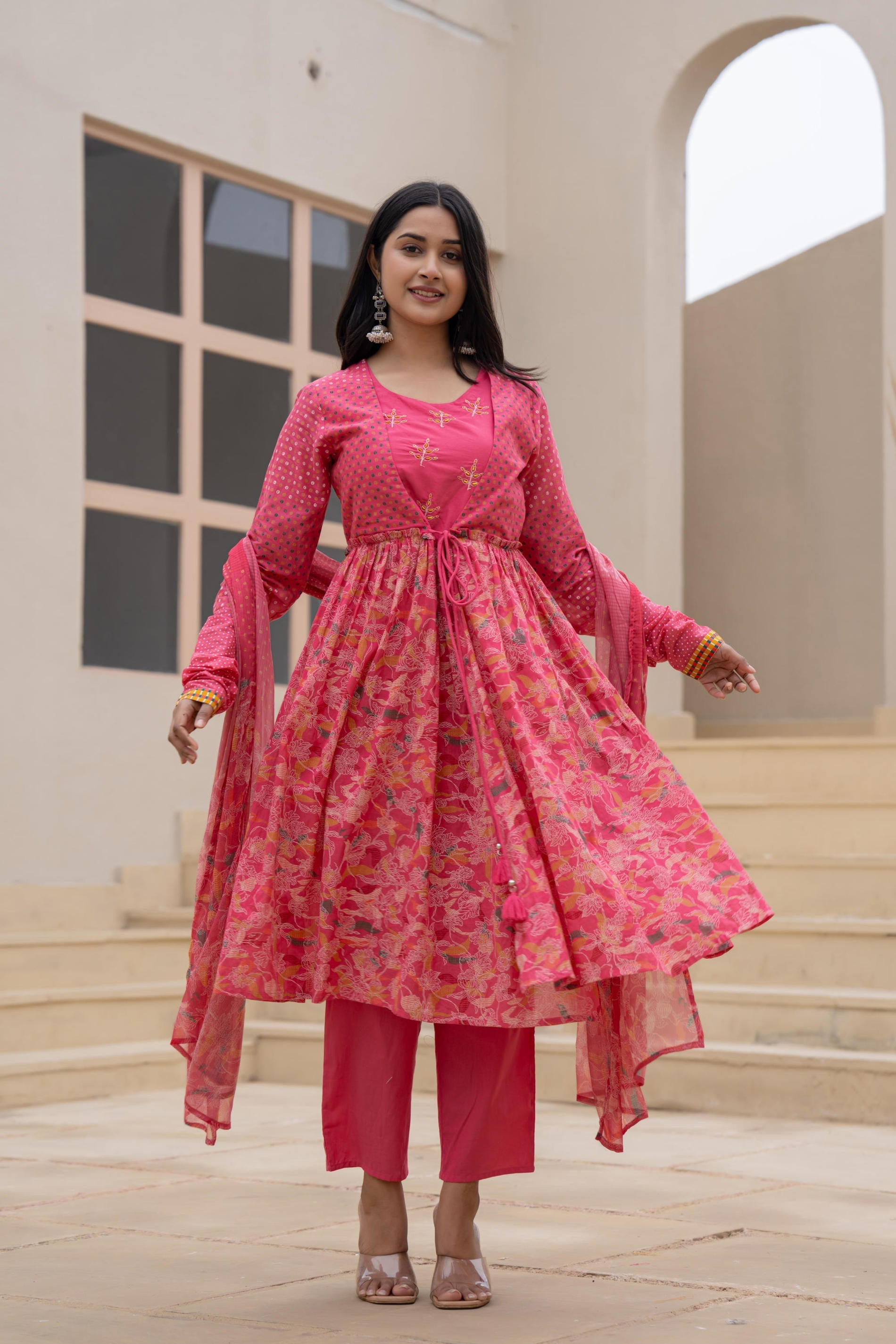 Juniper Fuchsia Embroidered & Printed Layered Dress Set with Dupatta