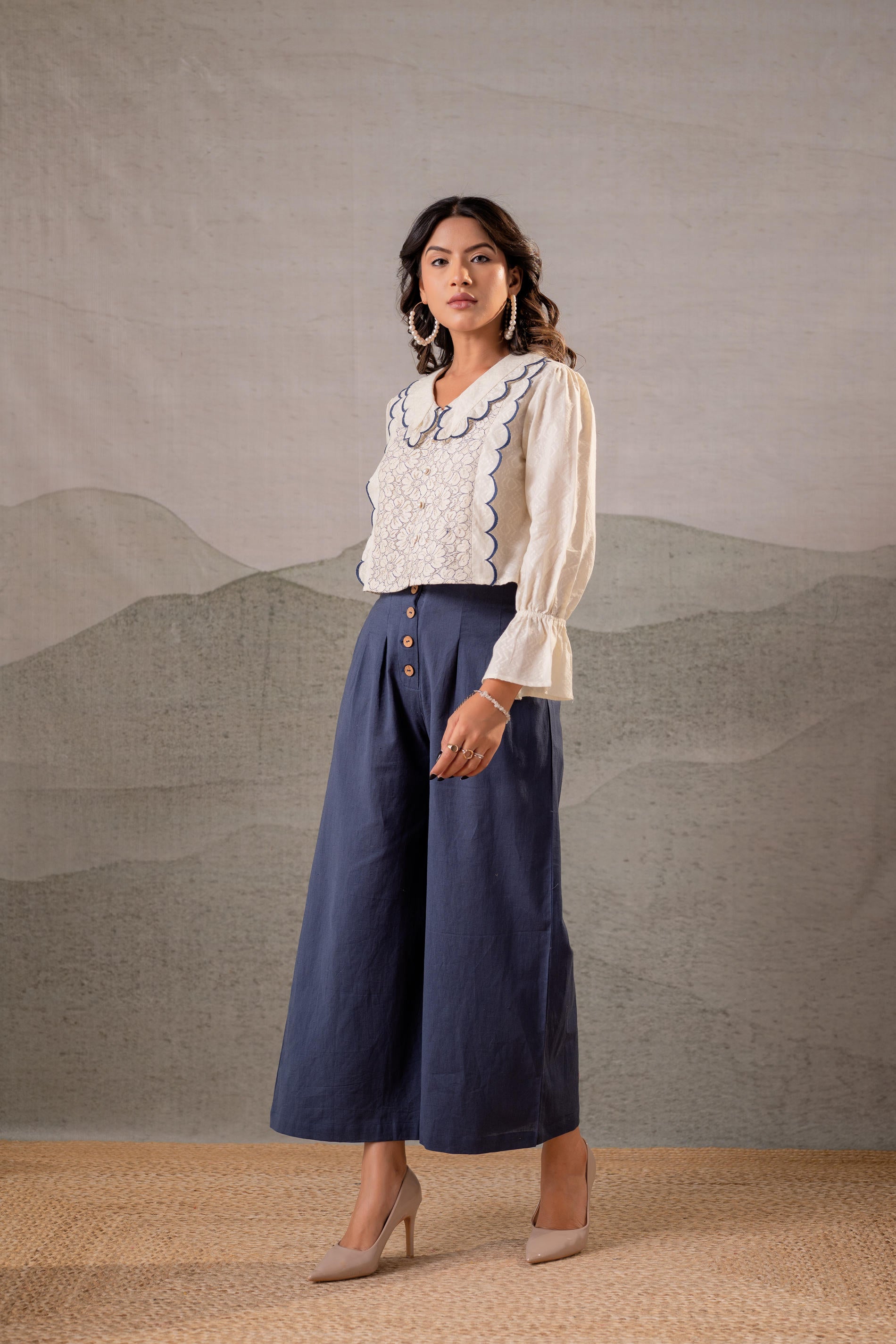 Juniper Off-White Scallop Bloom Top with Navy Tailored Pants