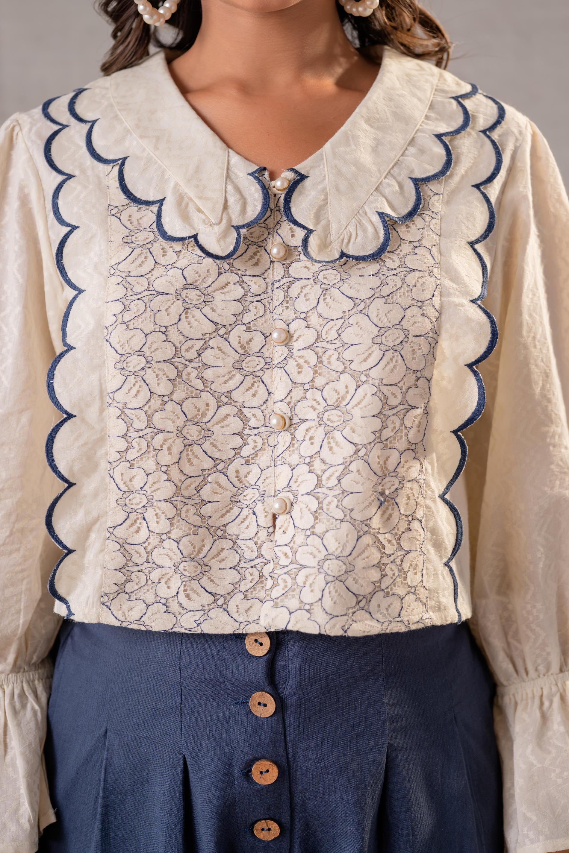 Juniper Off-White Scallop Bloom Top with Navy Tailored Pants