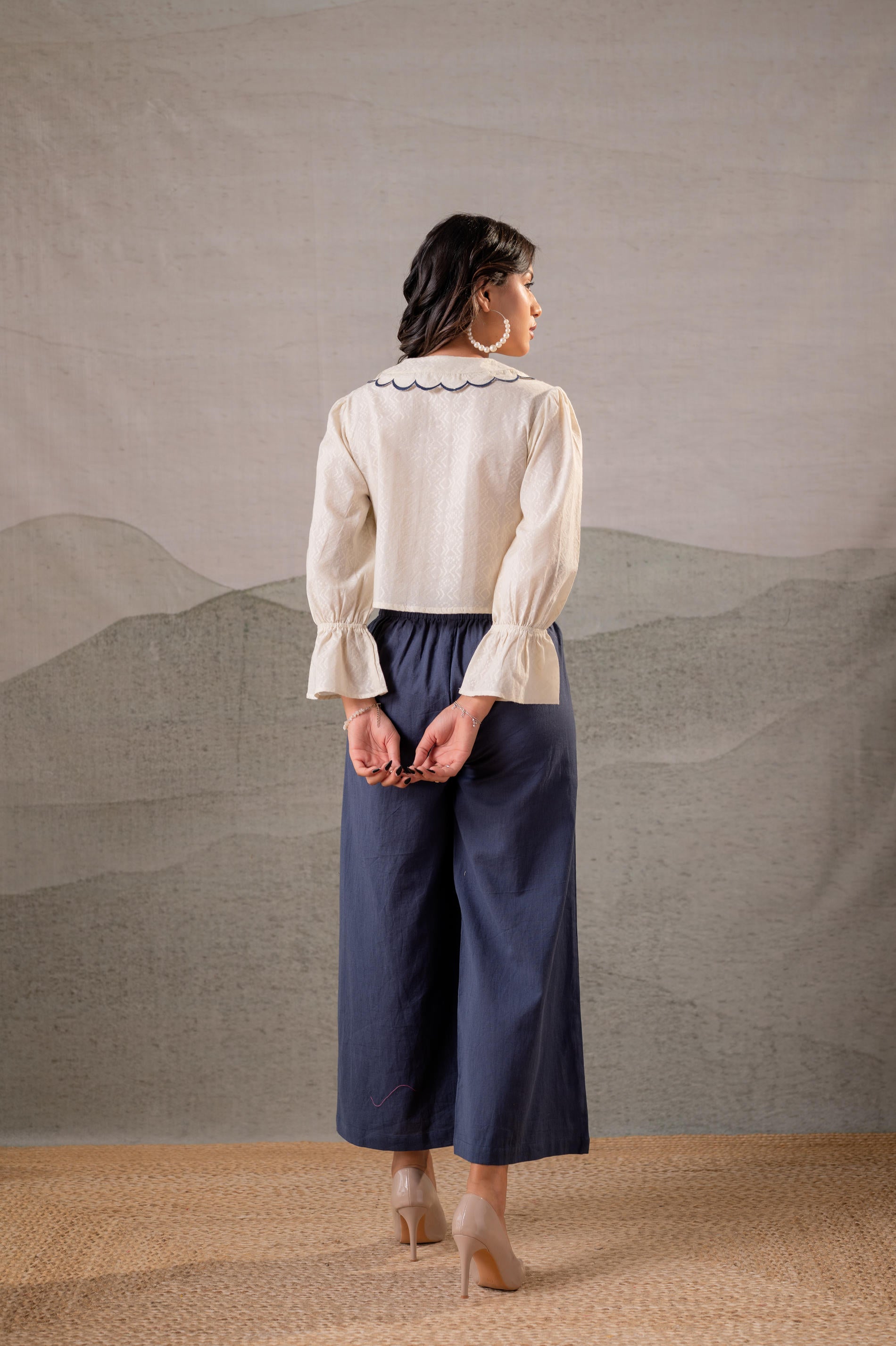 Juniper Off-White Scallop Bloom Top with Navy Tailored Pants
