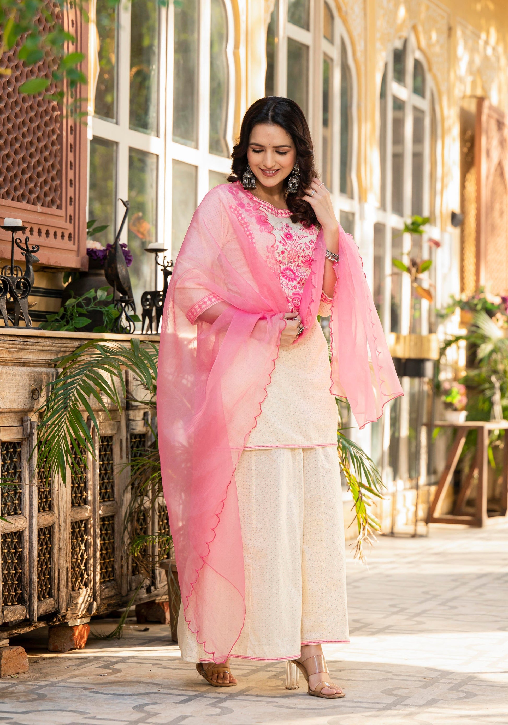 Juniper Ivory Ethnic Motif Printed Cotton Kurta Palazzo And Dupatta Set With Thread & Mirror Work