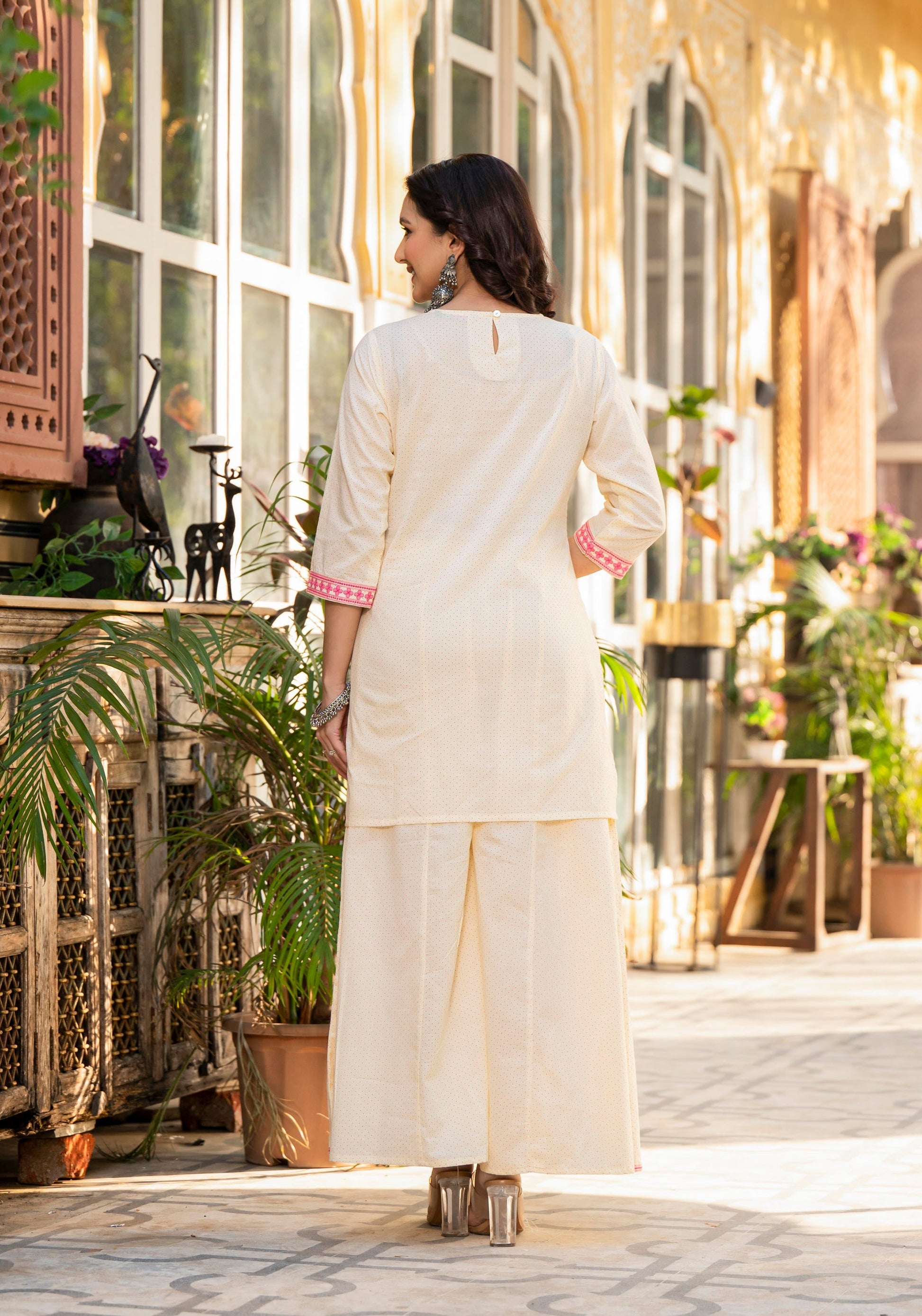 Juniper Ivory Ethnic Motif Printed Cotton Kurta Palazzo And Dupatta Set With Thread & Mirror Work
