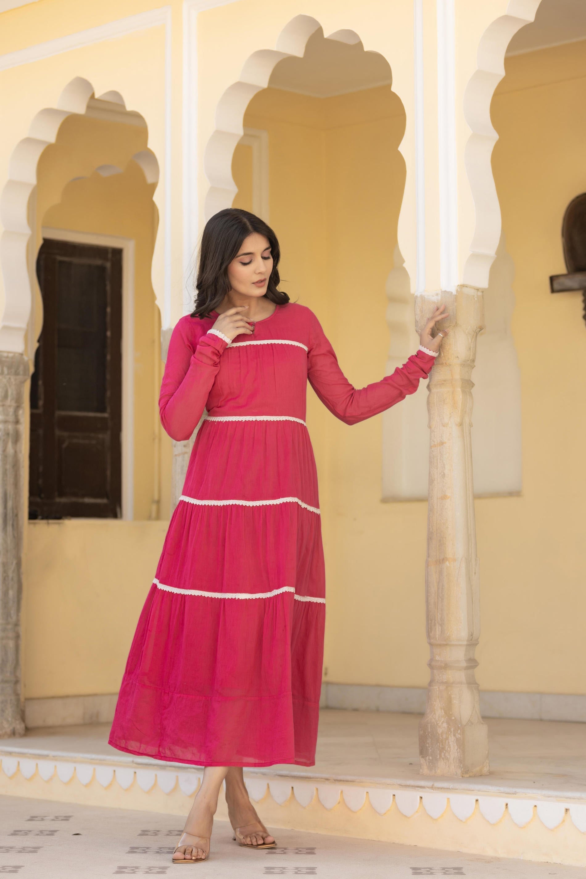 Juniper Fuchsia Tiered Ethnic Maxi Dress with Lace Inserts