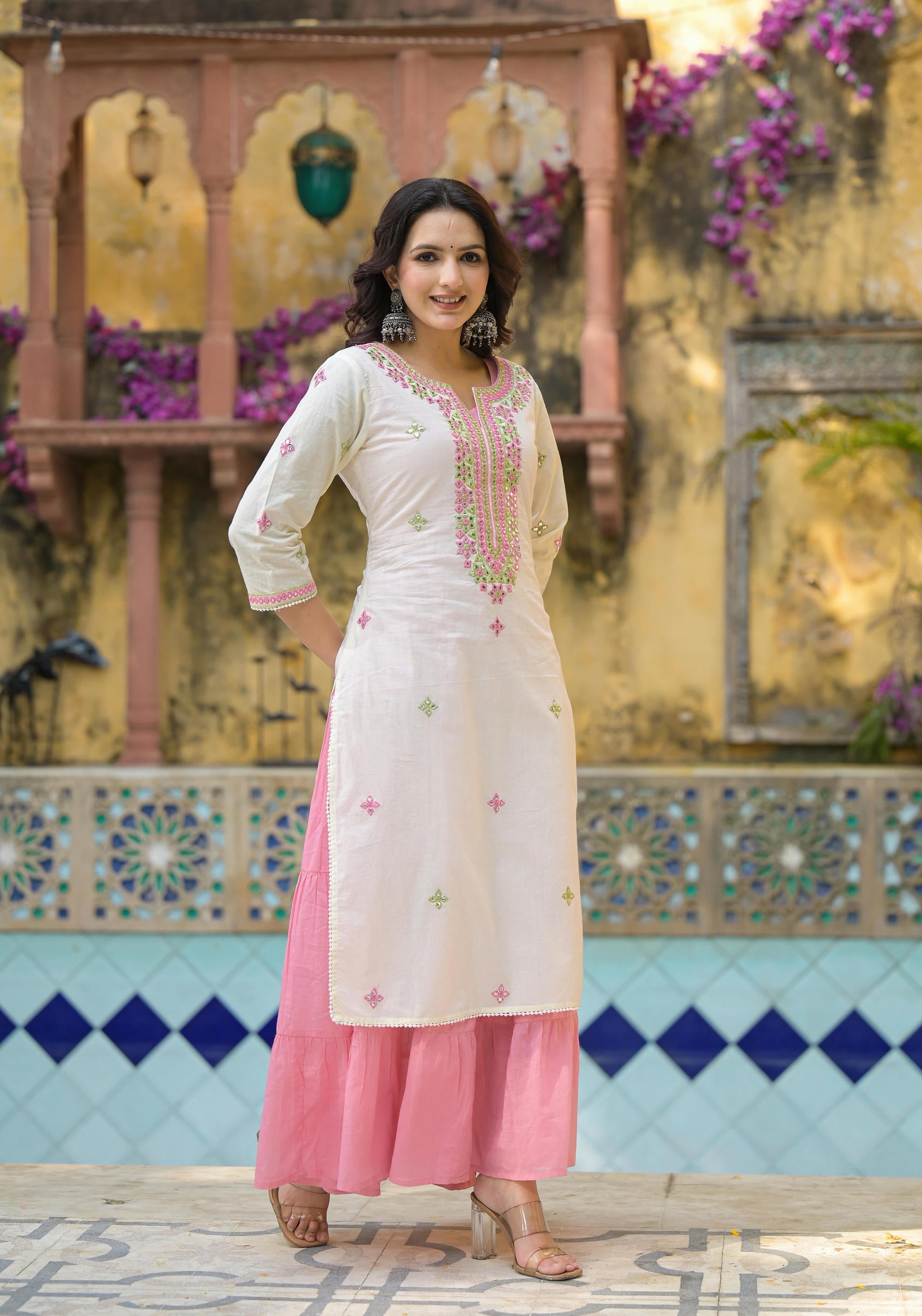 Juniper Ivory & Pink Solid Cotton Long Dress With Thread & Mirror Work