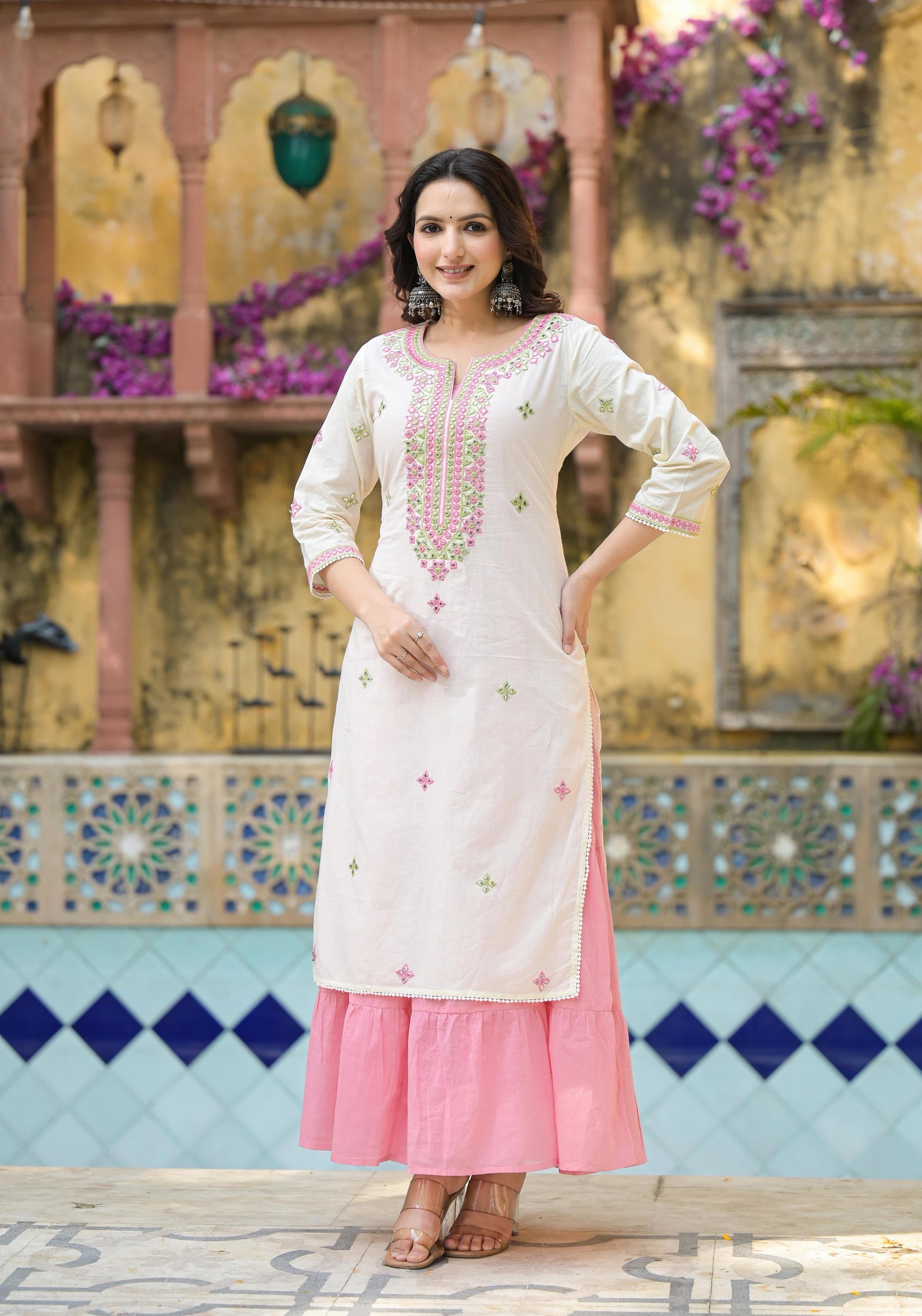 Juniper Ivory & Pink Solid Cotton Long Dress With Thread & Mirror Work