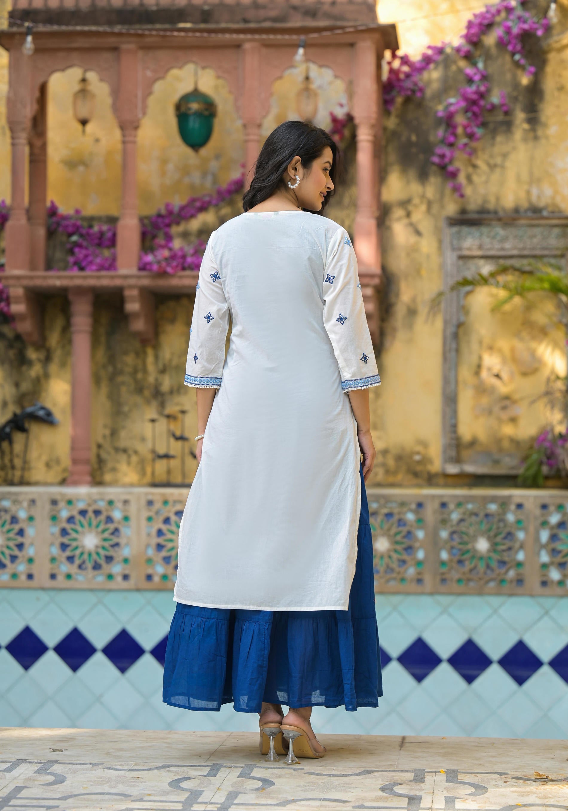 Juniper White & Blue Solid Cotton Long Dress With Thread & Mirror Work