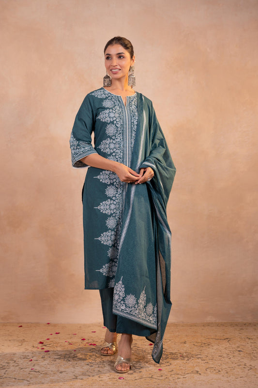 Juniper Teal Printed Kurta Pant And Dupatta Set