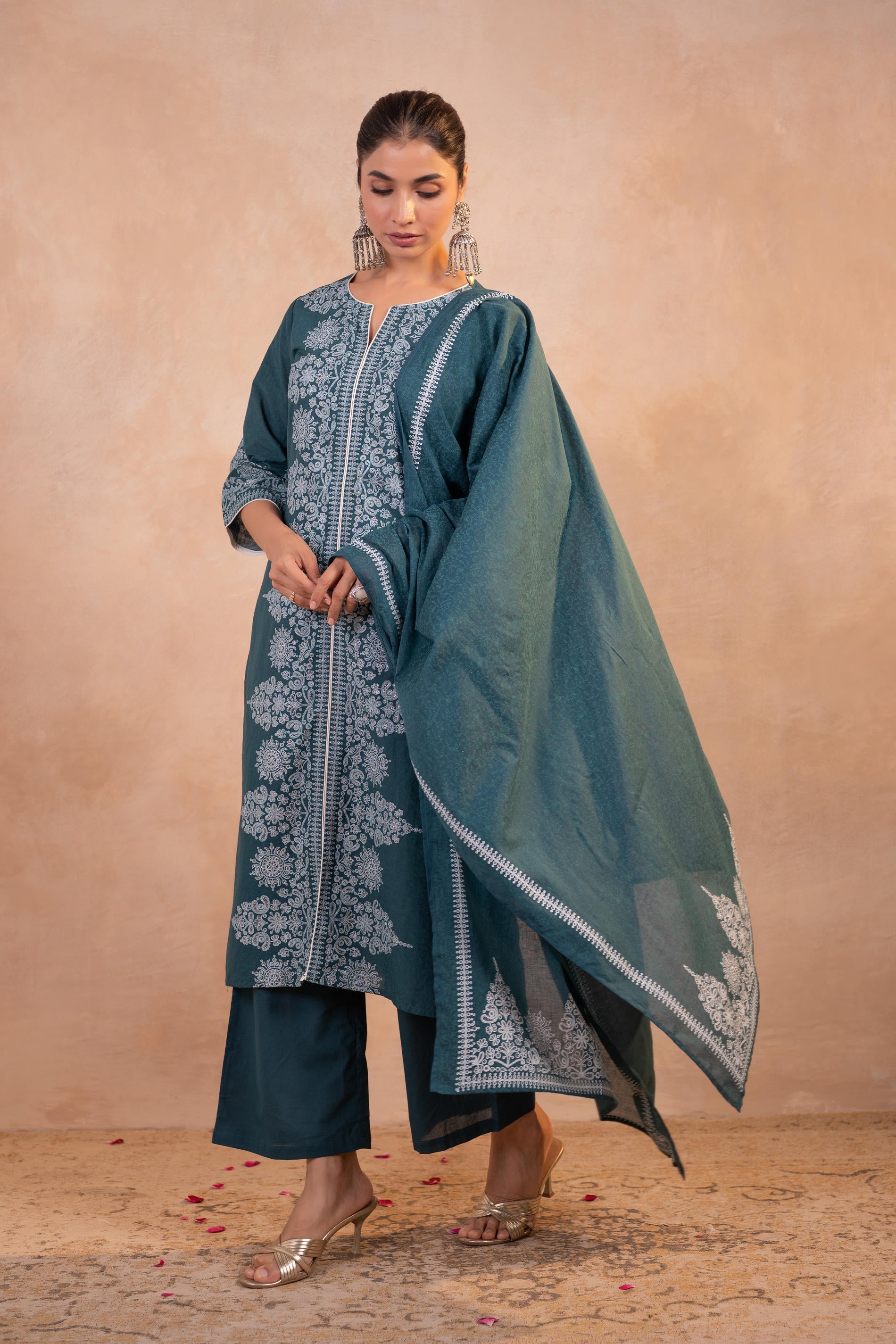 Juniper Teal Printed Kurta Pant And Dupatta Set