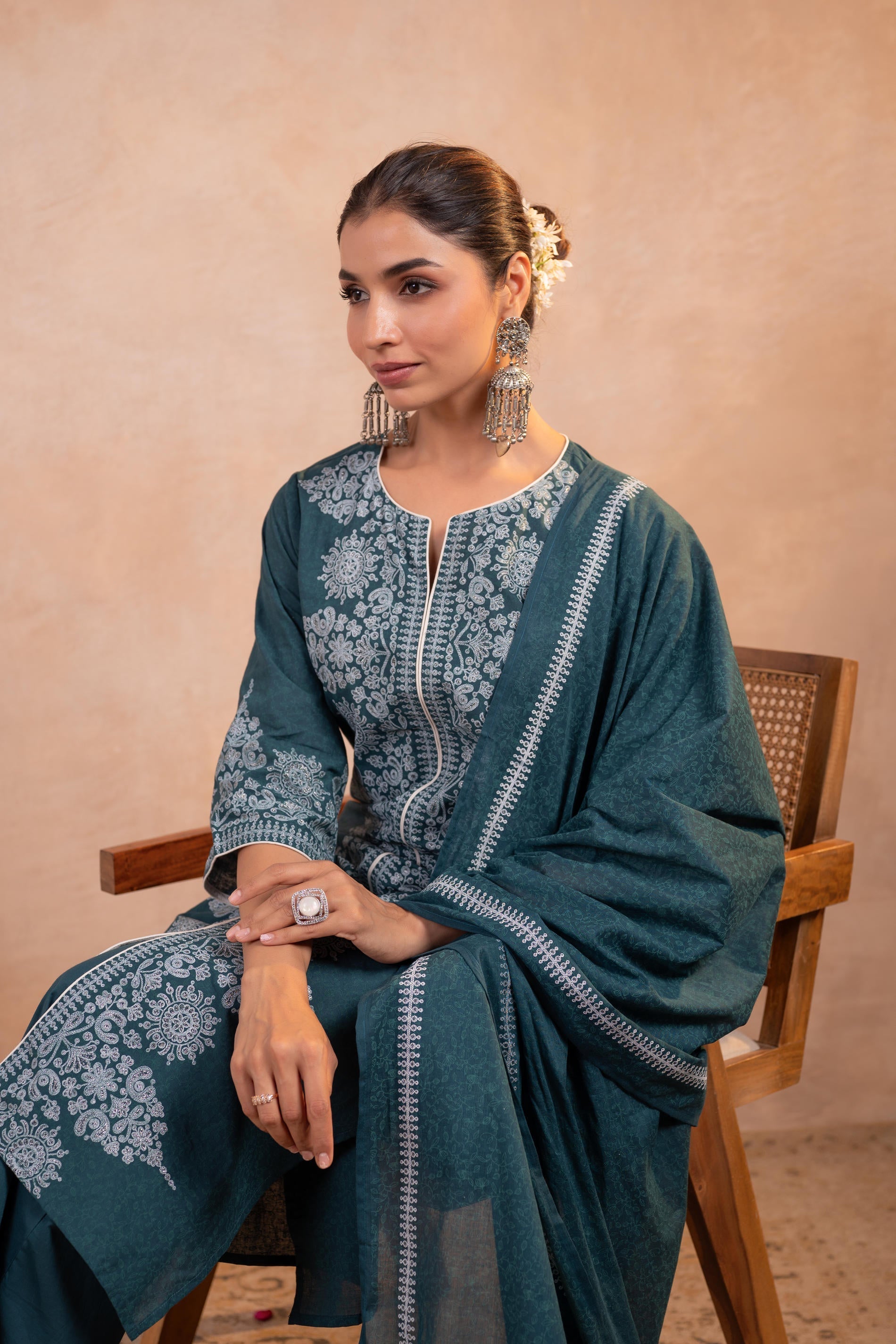 Juniper Teal Printed Kurta Pant And Dupatta Set