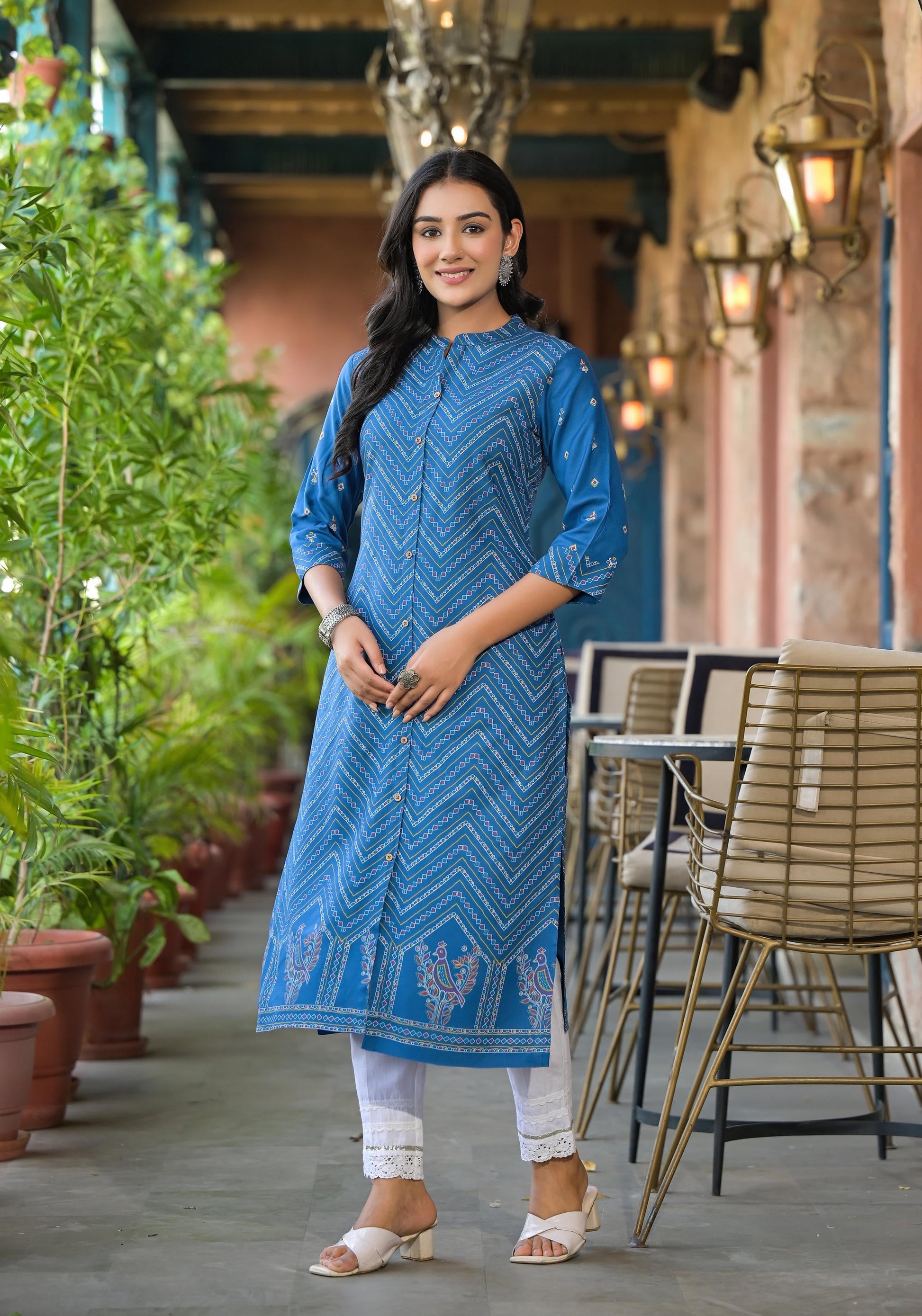 Juniper Women's Blue Ethnic Motif Printed Viscose Kurta With Button Closure