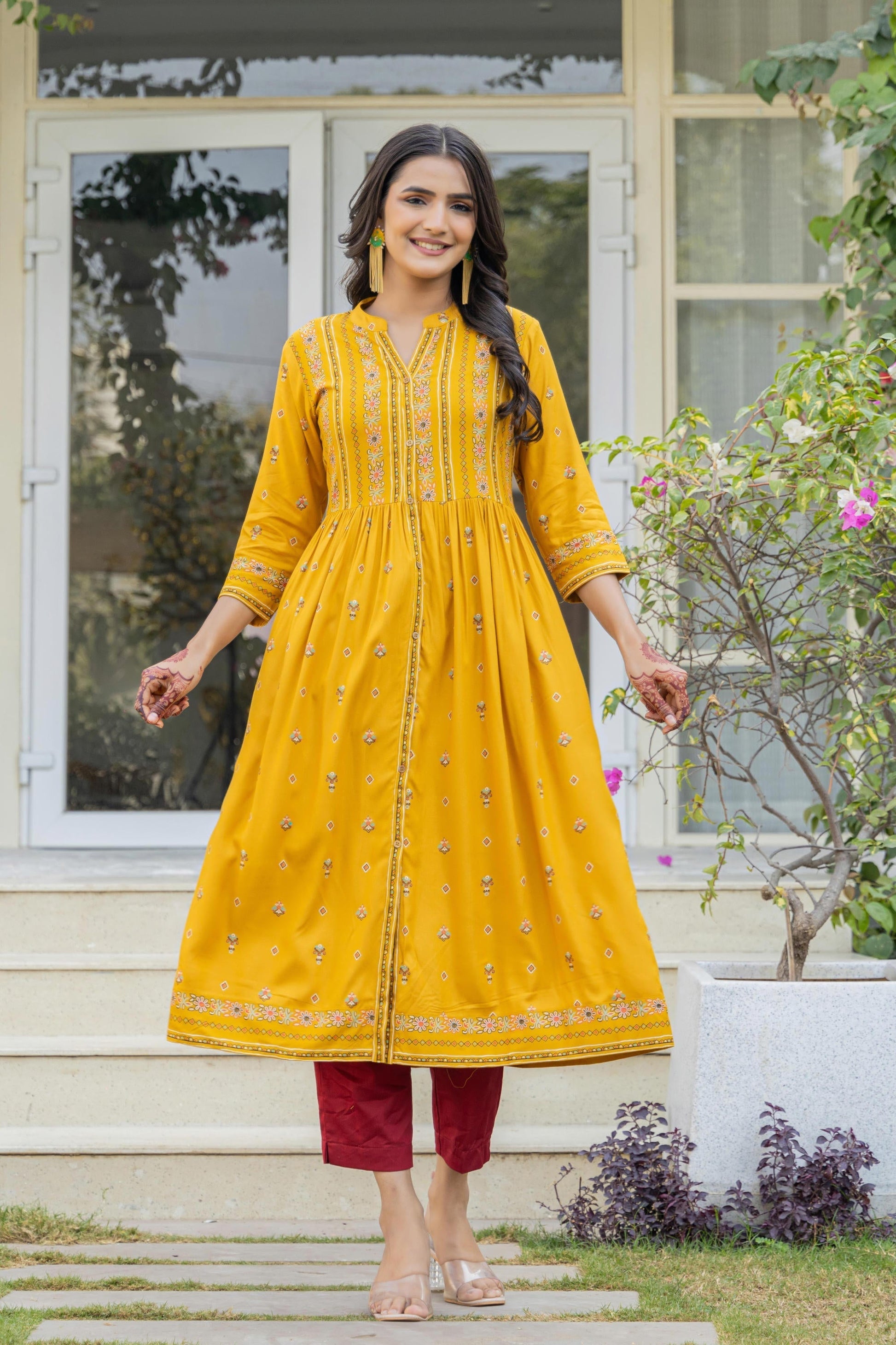 Juniper Mustard Floral Printed Cotton Kurta With Thread Work & Lace | Grab2Buy