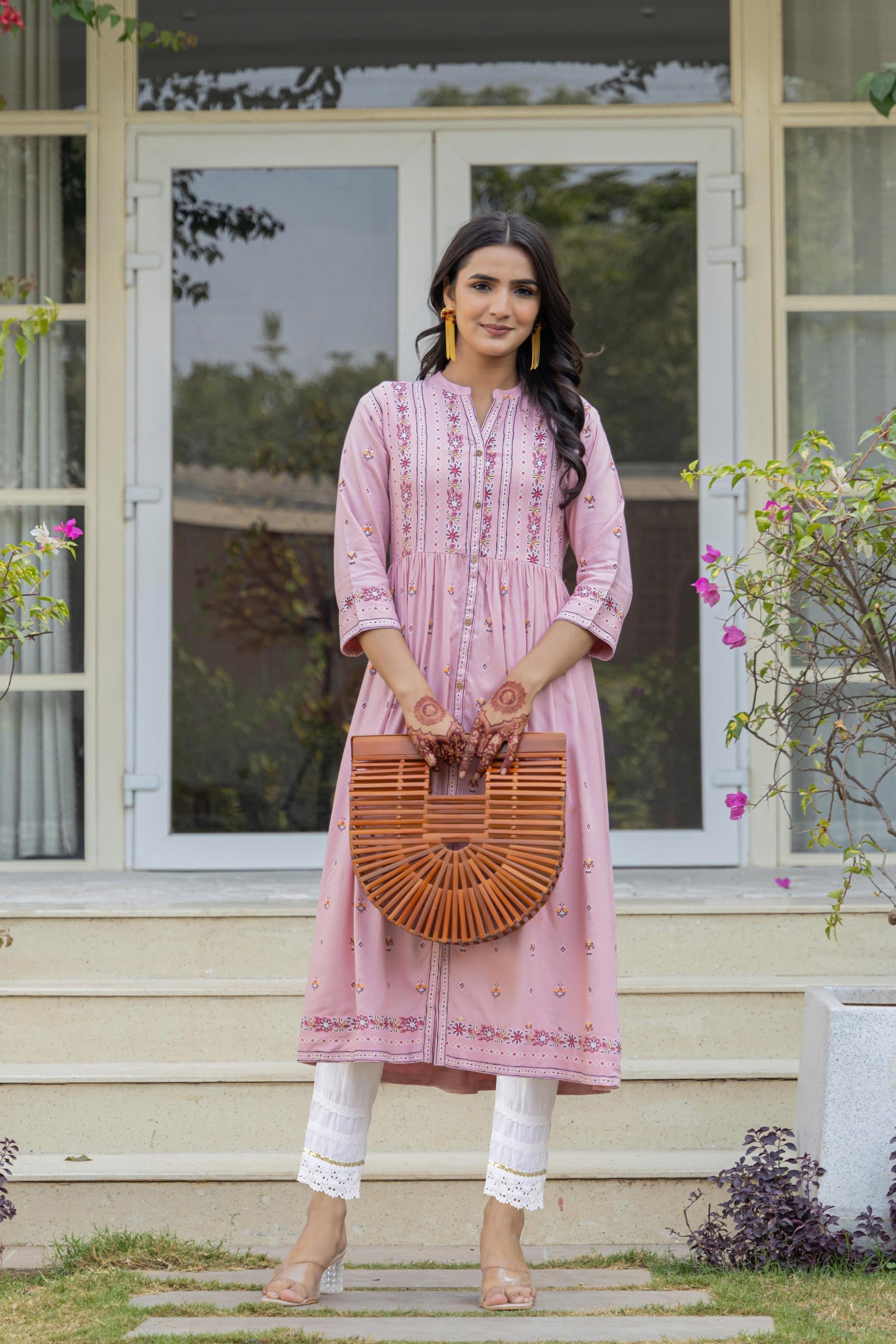 Juniper Pink Floral Printed Viscose Kurta With Buttons