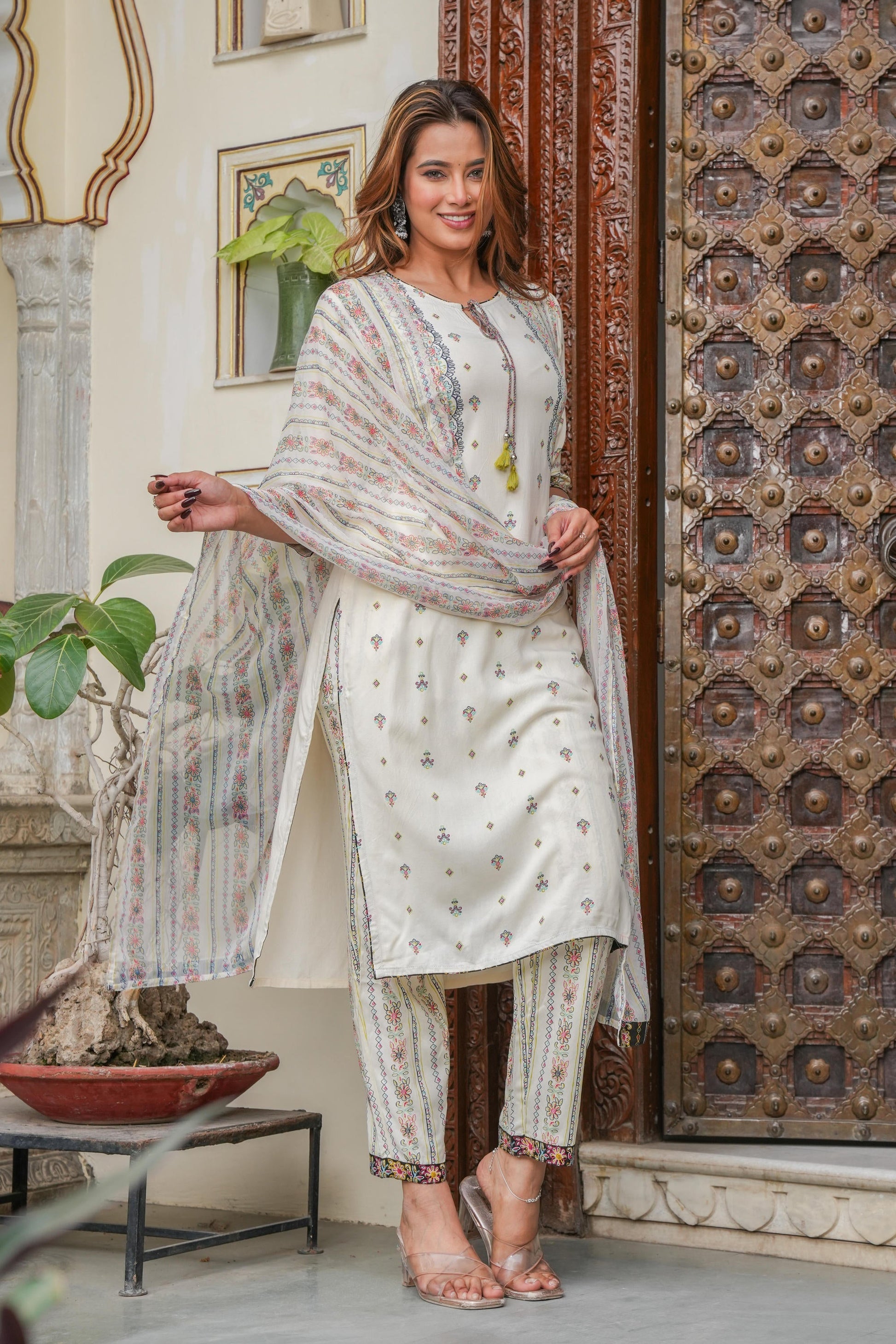 Juniper Off white printed kurta , Printed bottom and floral dupatta with dori and tassel