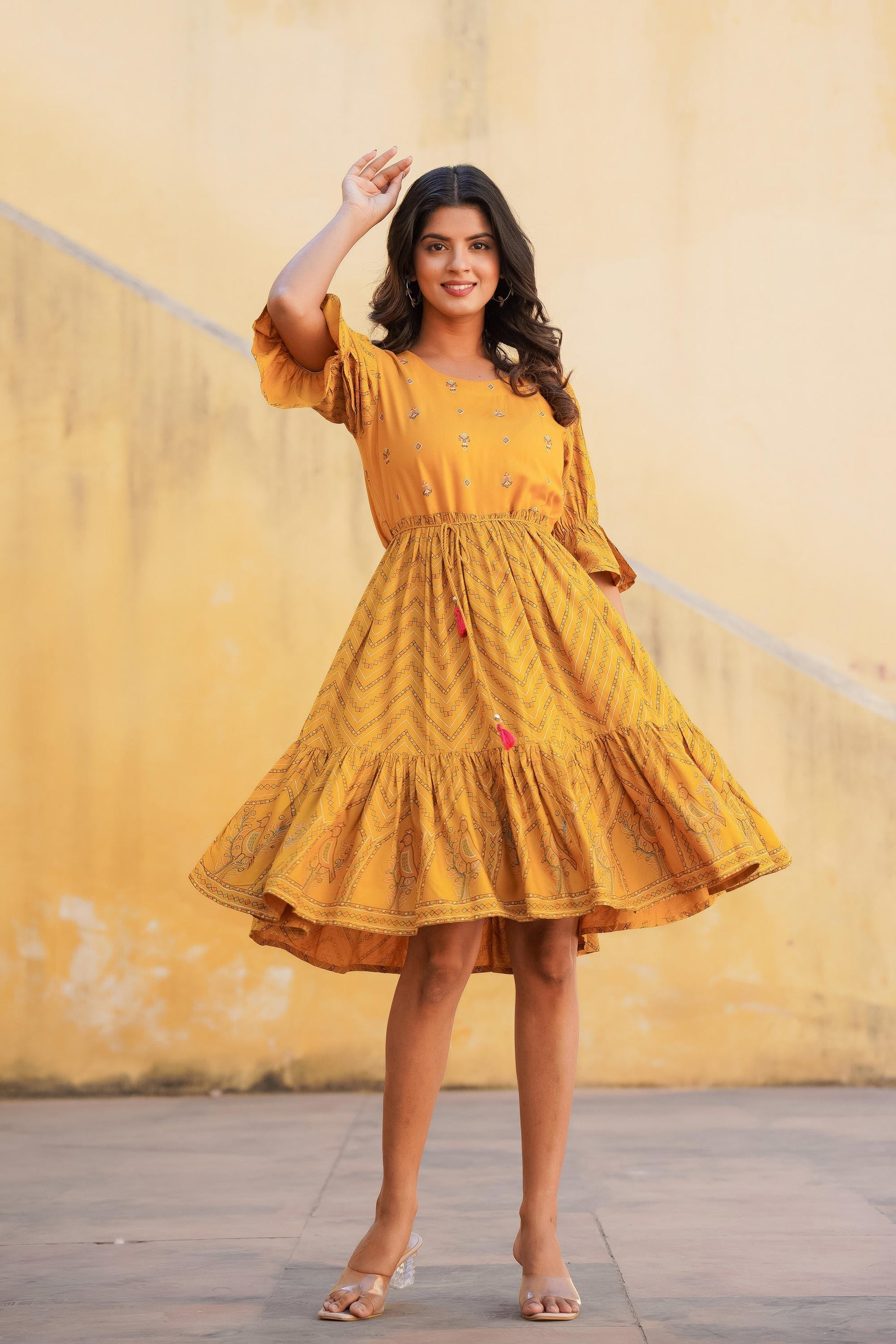 Juniper Mustard Ethnic Motif Printed Viscose Short Dress With Dori