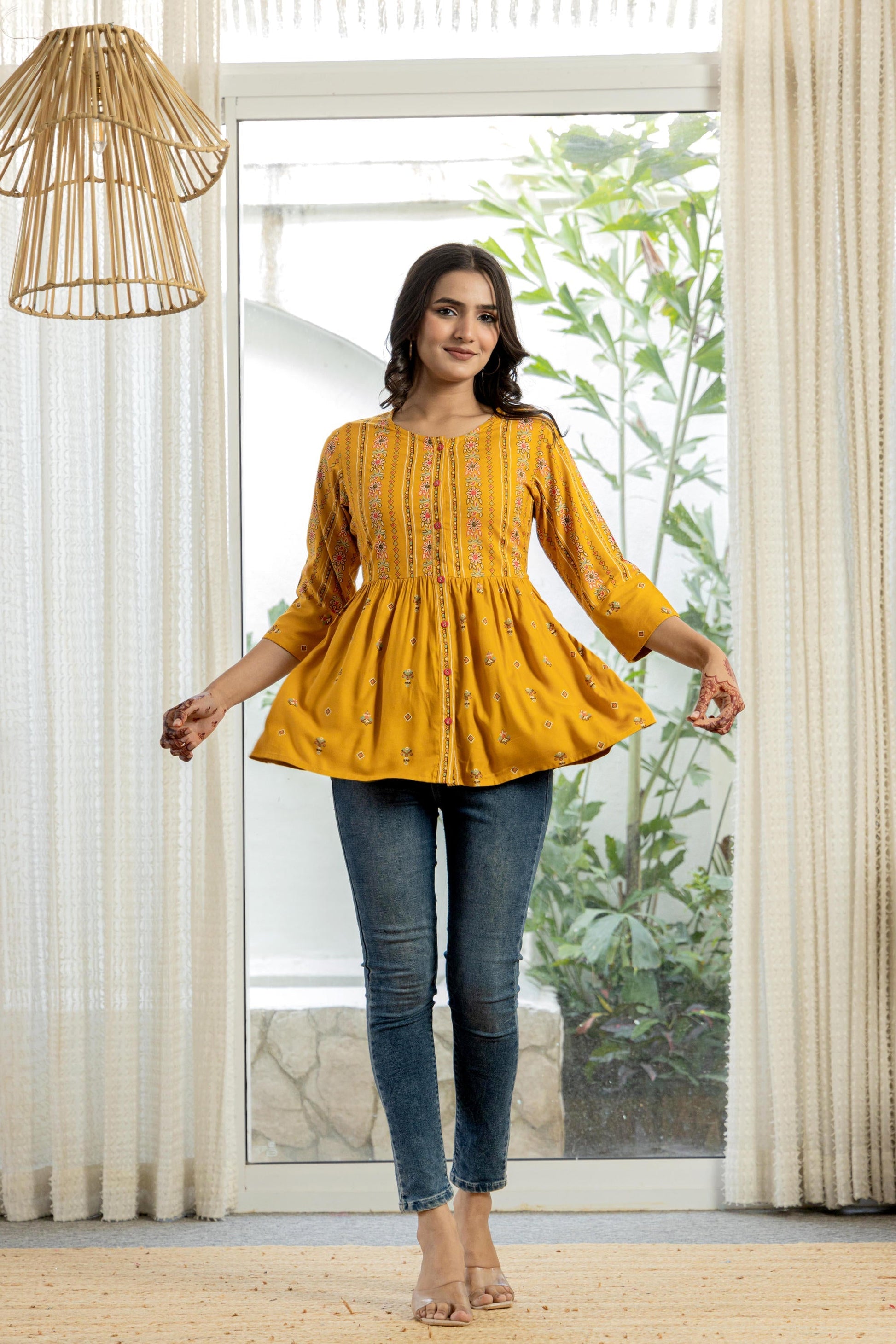 Juniper Mustard Floral Printed Viscose Tunic With Buttons