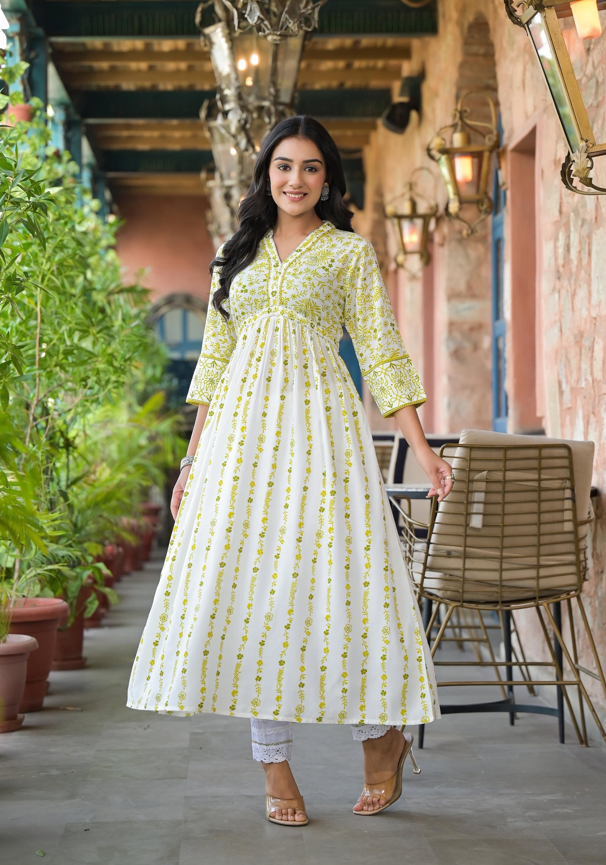 Juniper Women's Off White & Lime Floral Printed Viscose Kurta With Sequins & Thread Work
