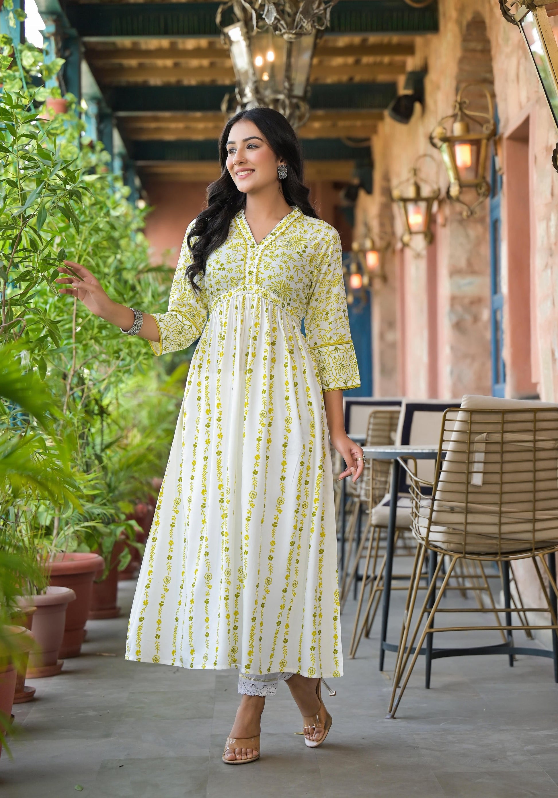 Juniper Women's Off White & Lime Floral Printed Viscose Kurta With Sequins & Thread Work