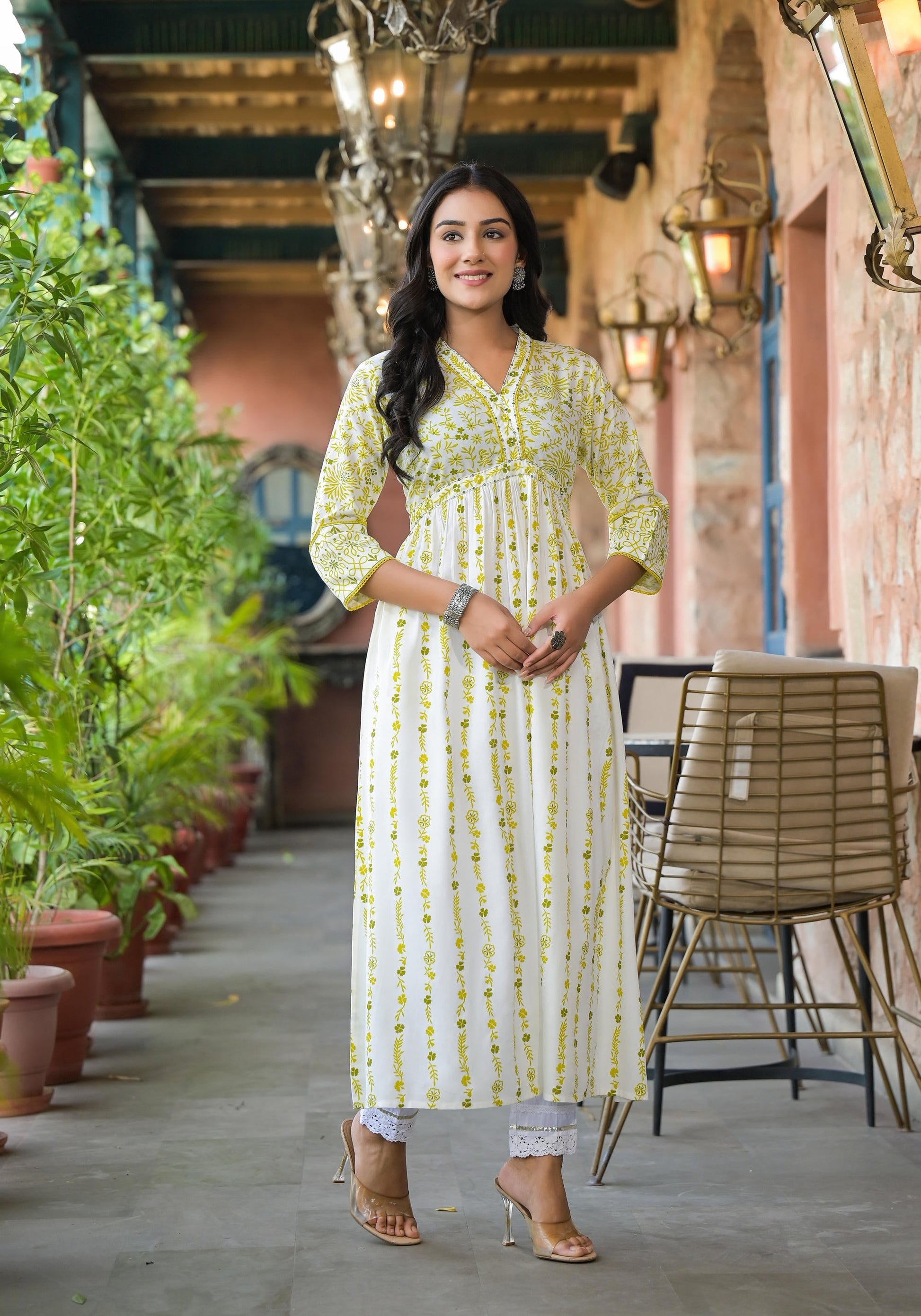 Juniper Women's Off White & Lime Floral Printed Viscose Kurta With Sequins & Thread Work