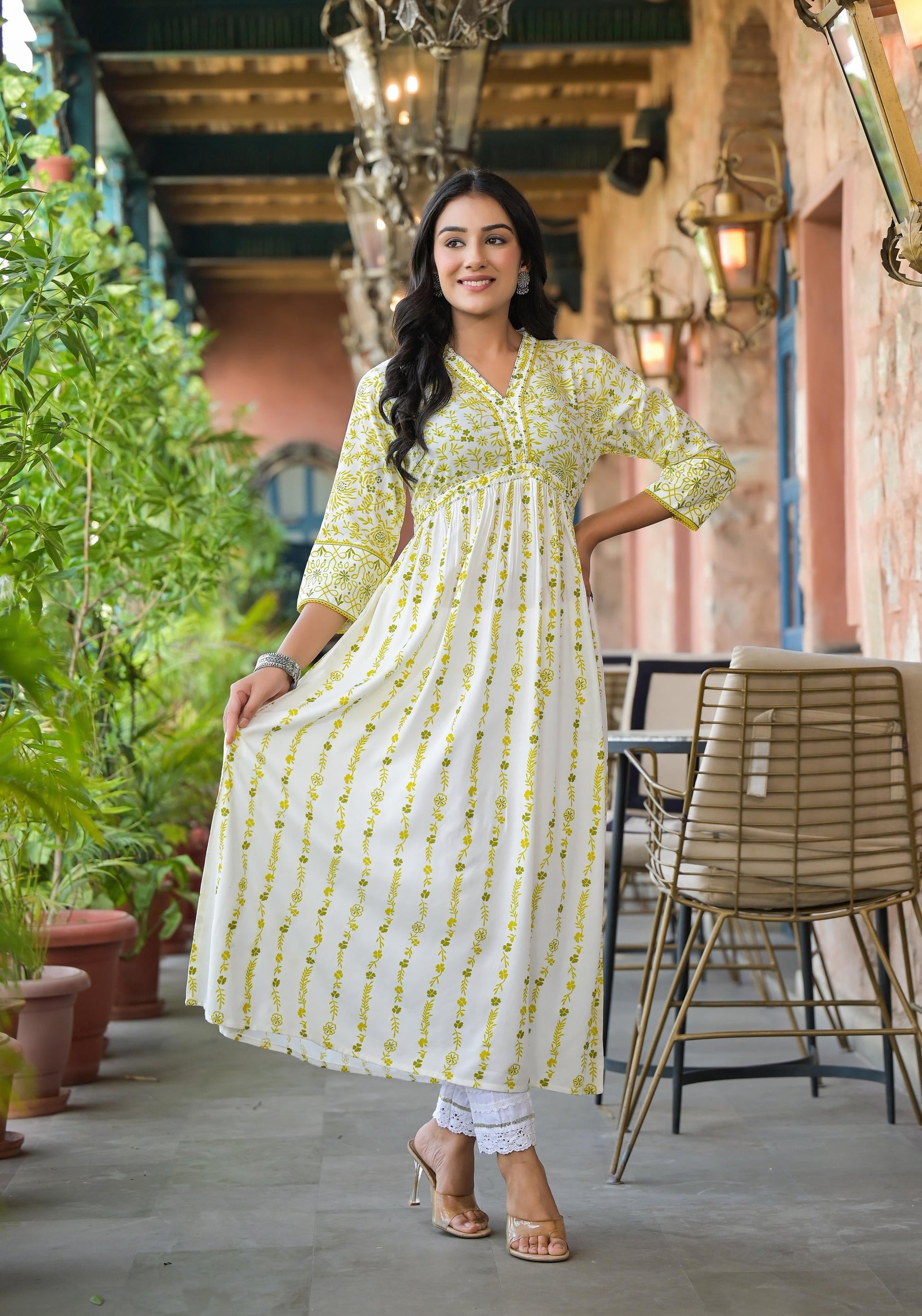 Juniper Women's Off White & Lime Floral Printed Viscose Kurta With Sequins & Thread Work