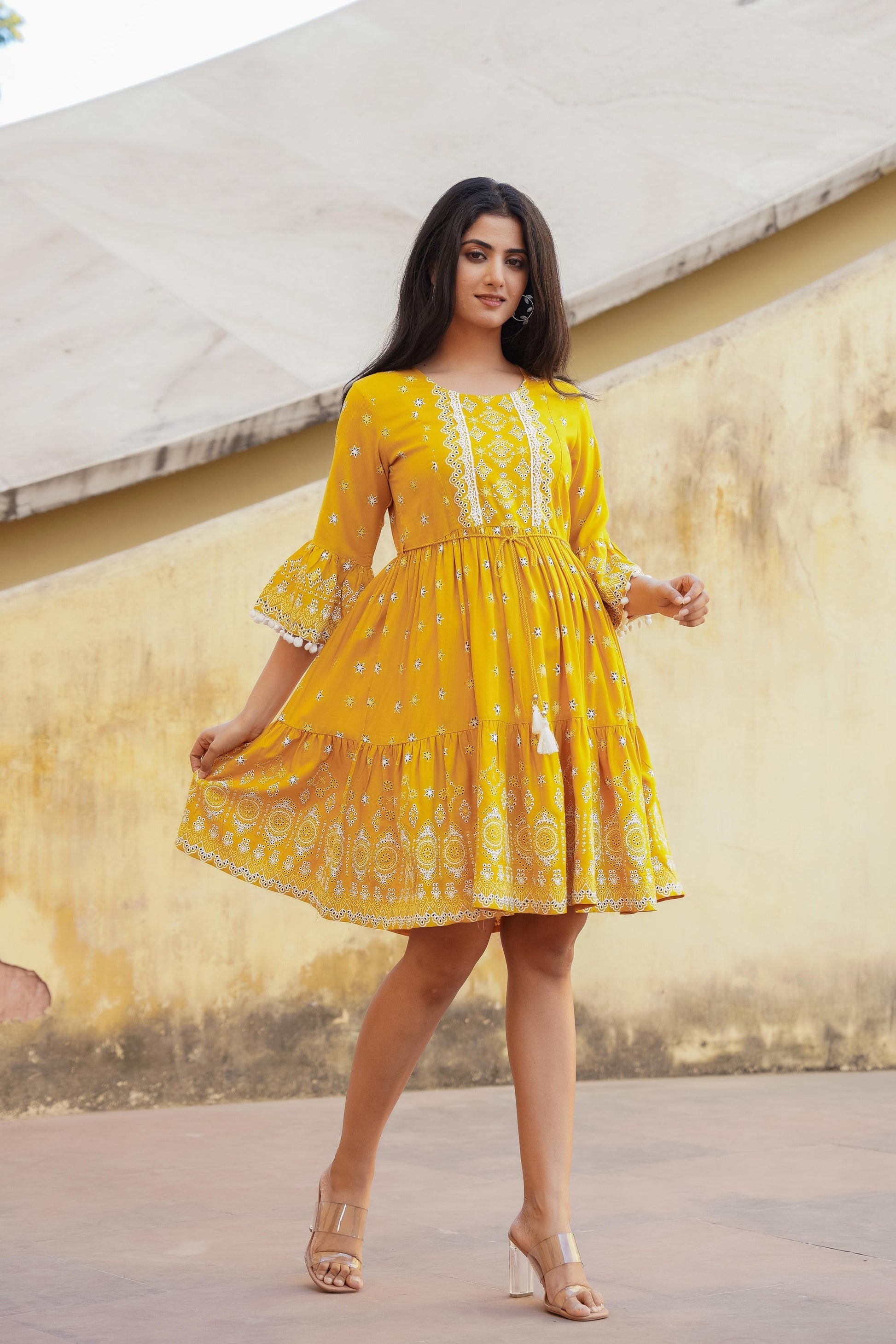 Juniper Women's Mustard Ethnic Motif Printed Viscose Short Dress With Doris & Tassels