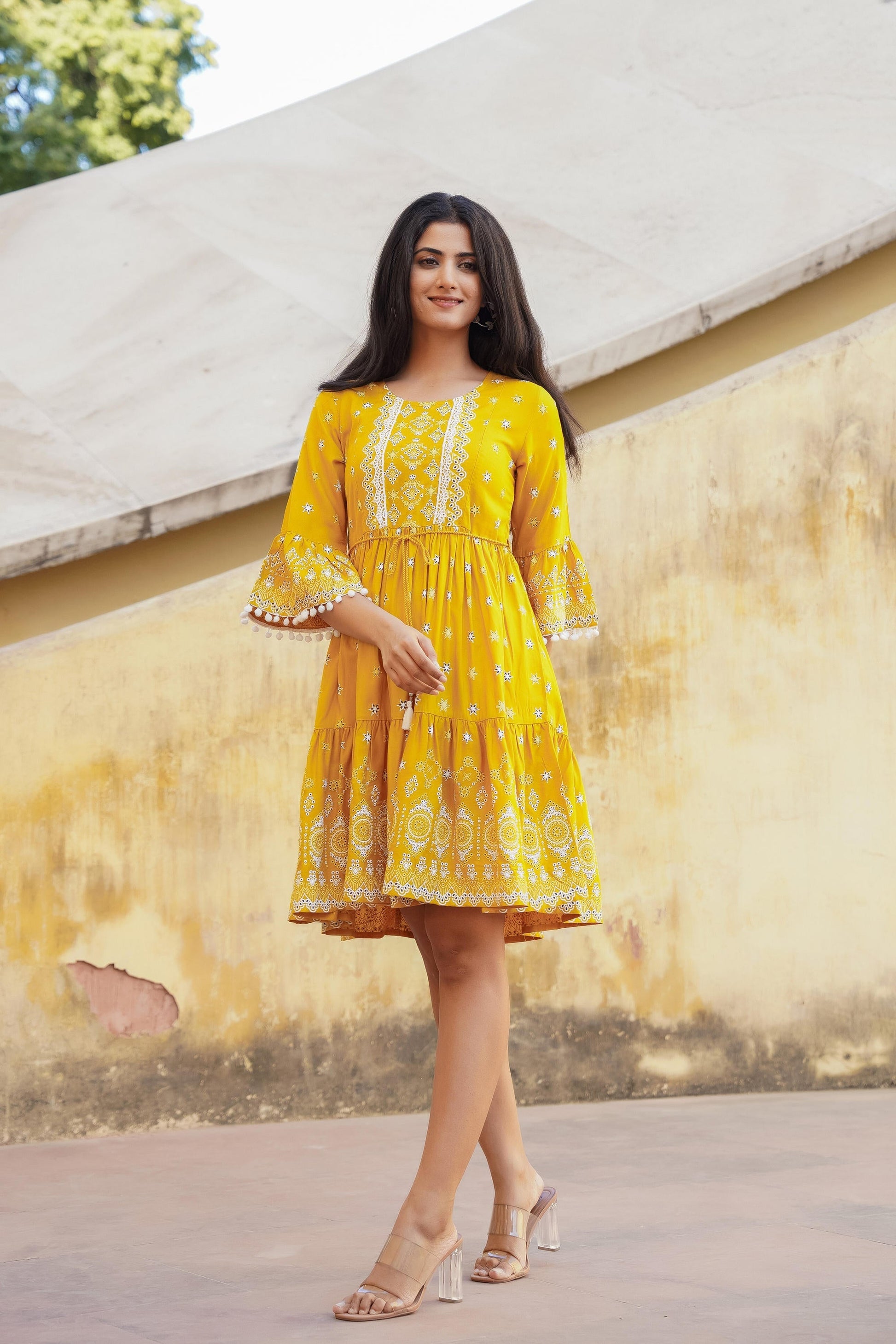 Juniper Women's Mustard Ethnic Motif Printed Viscose Short Dress With Doris & Tassels
