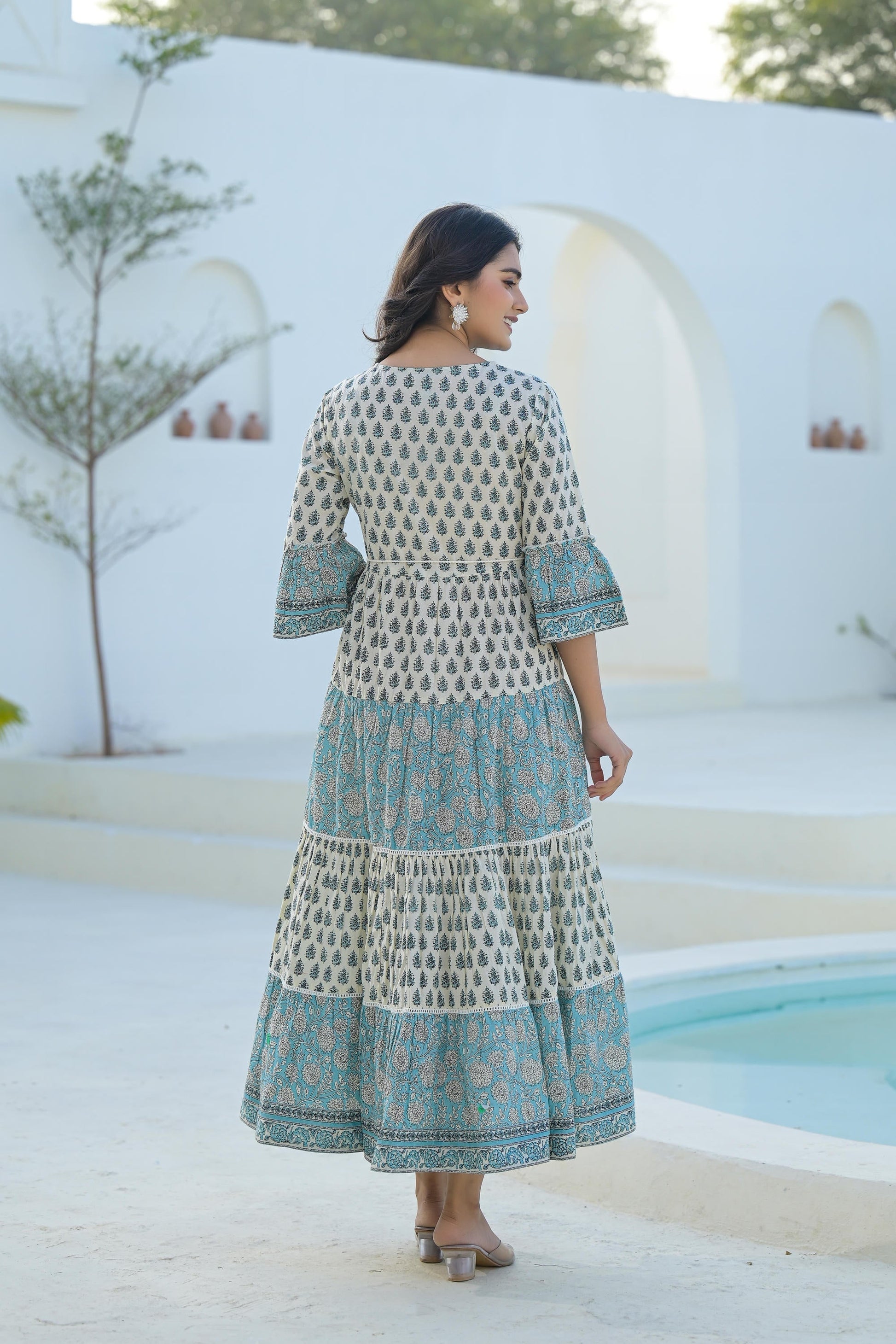 Juniper Women's Sky Blue Ethnic Motif Printed Cotton Long Dress With Doris & Tassels