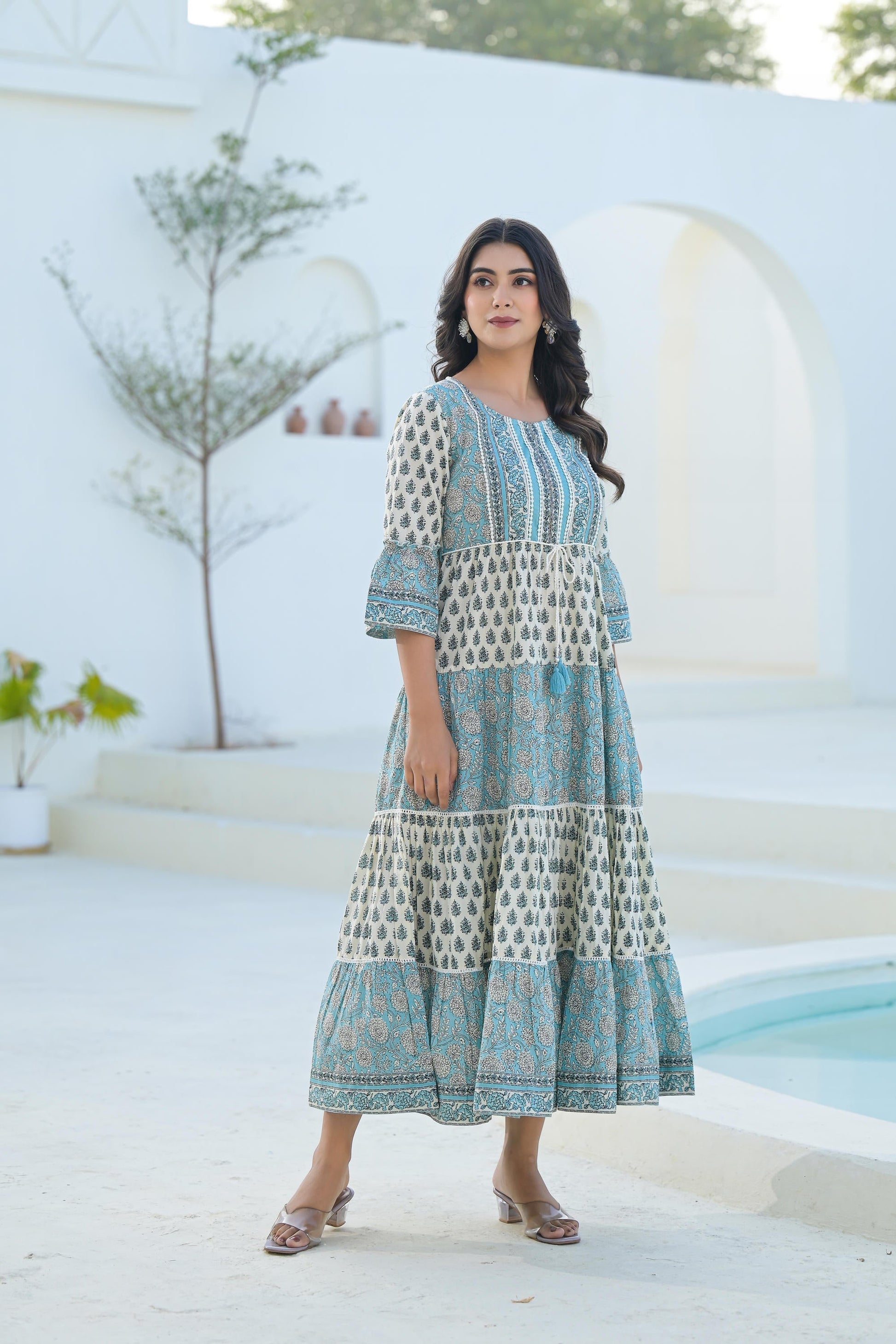 Juniper Women's Sky Blue Ethnic Motif Printed Cotton Long Dress With Doris & Tassels