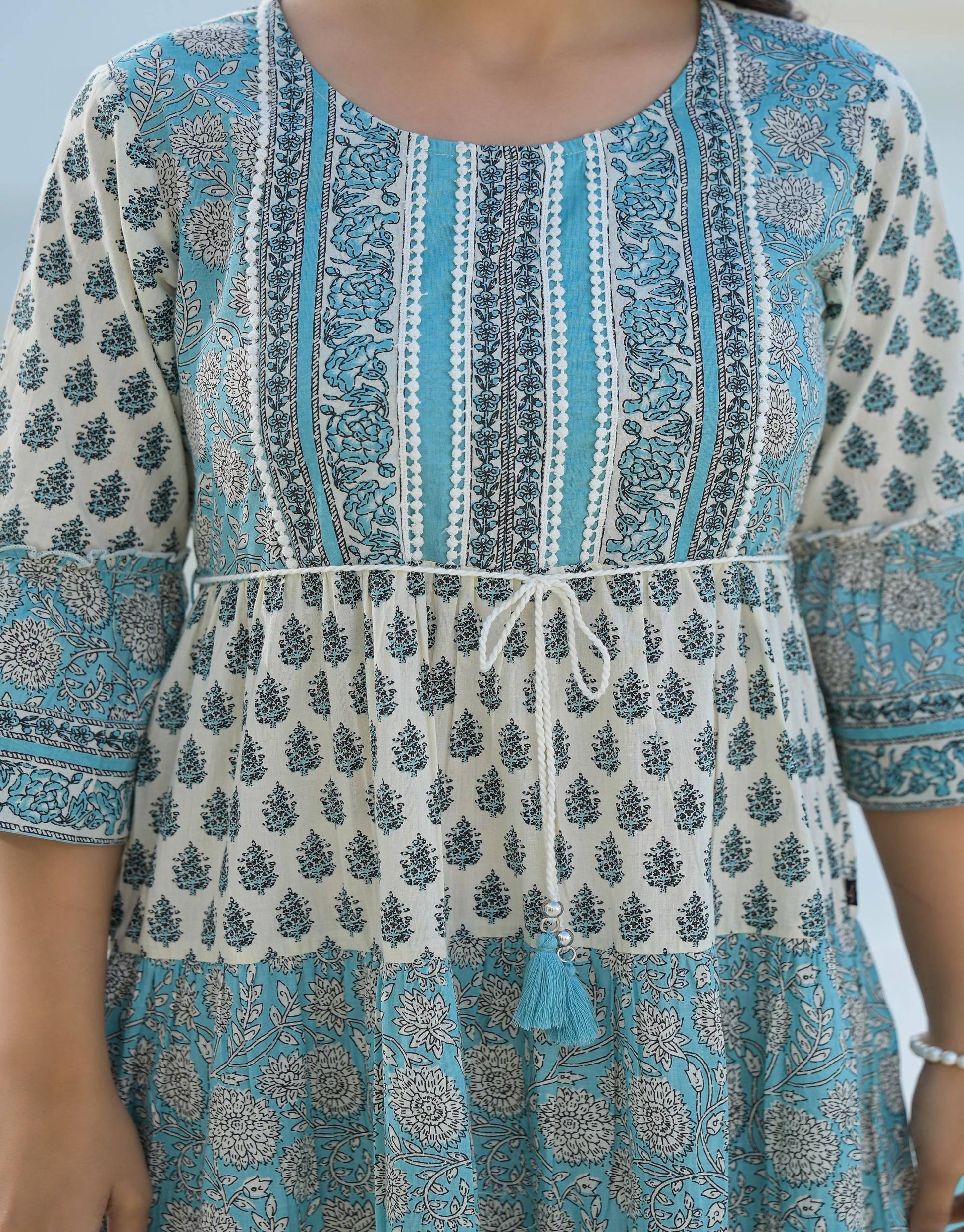 Juniper Women's Sky Blue Ethnic Motif Printed Cotton Long Dress With Doris & Tassels
