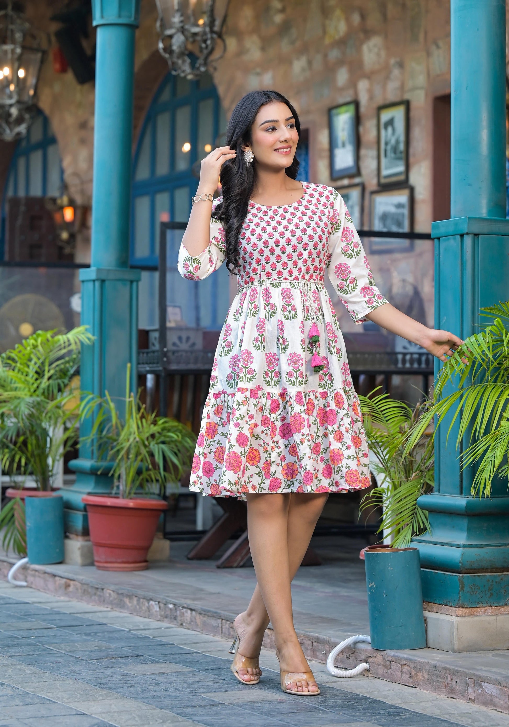 Juniper Women's Off Lime Floral Printed Cotton Short Dress With Doris