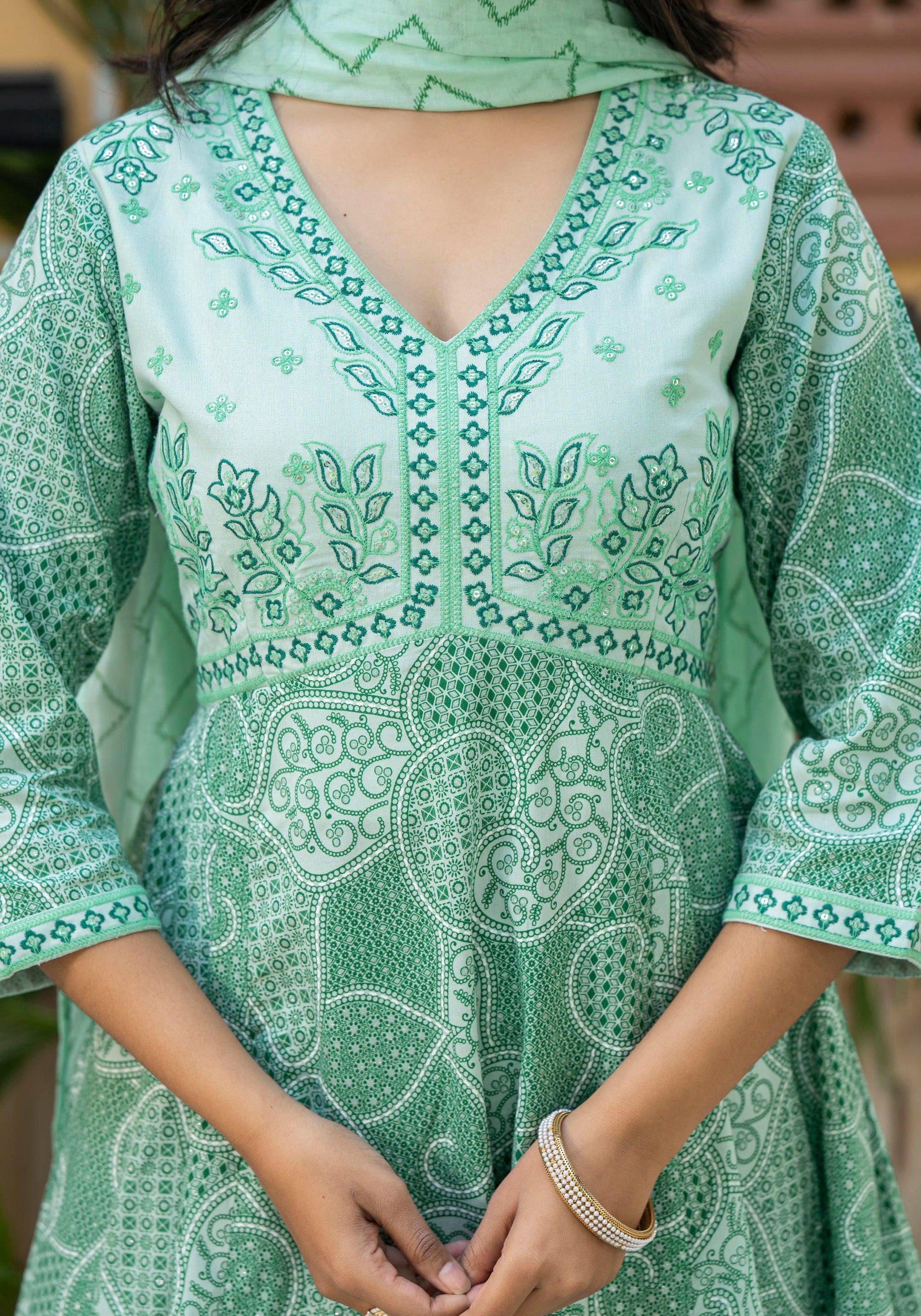 Juniper Green Ethnic Motif Printed Viscose Kurta Palazzo And Dupatta Set With Thread Work & Sequins