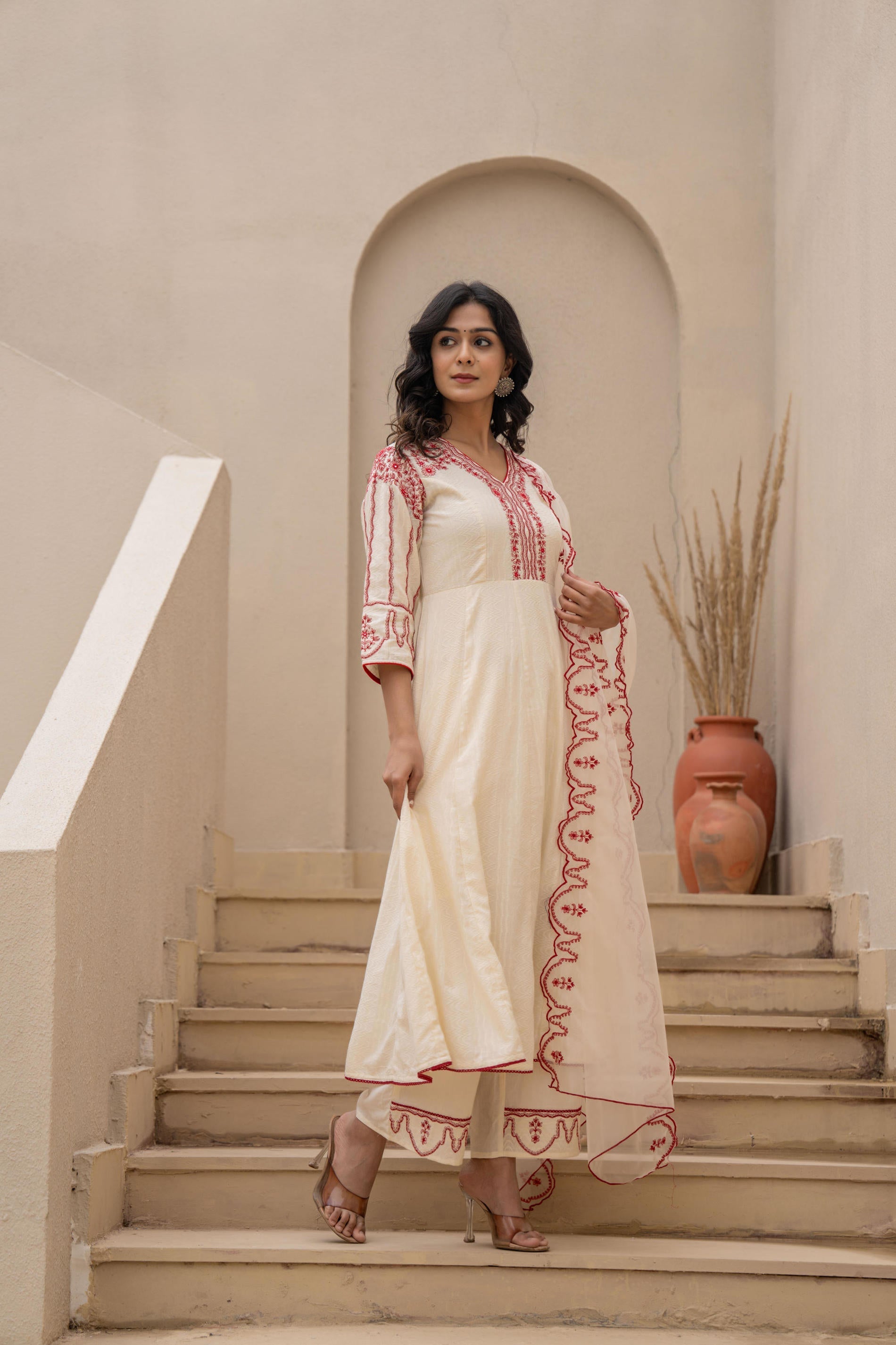 Juniper Off-white Anarkali Kurta Set with Red Embroidery and Organza Dupatta