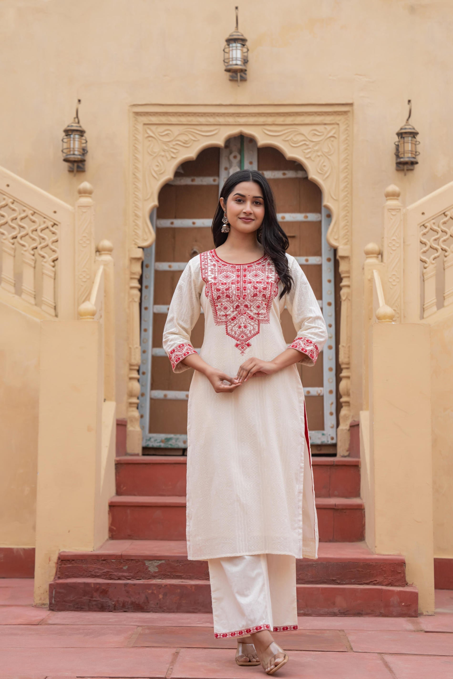 Juniper Off White & Red Solid Cotton Kurta & Pant Set With Dupatta