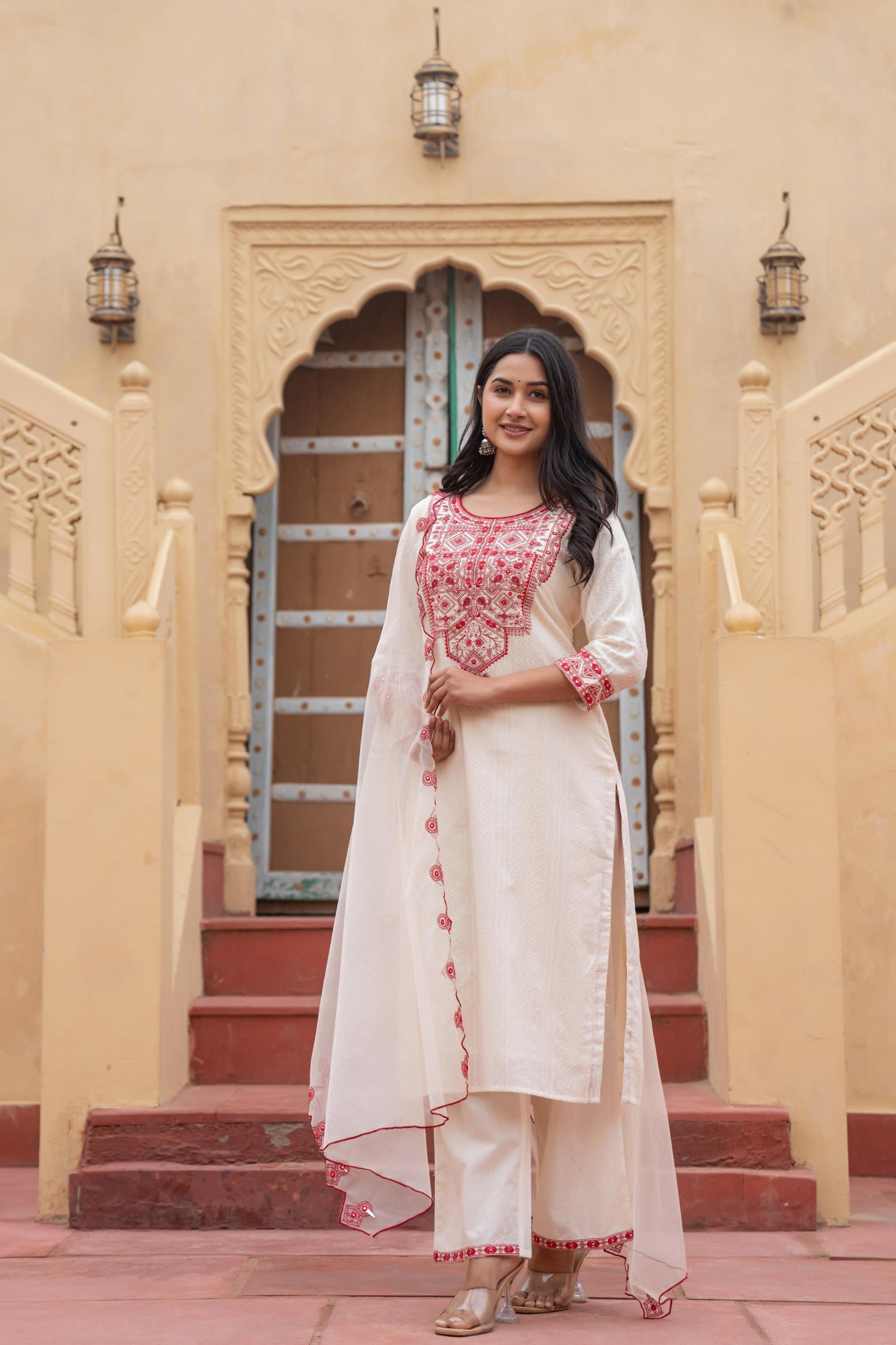 Juniper Off White & Red Solid Cotton Kurta & Pant Set With Dupatta