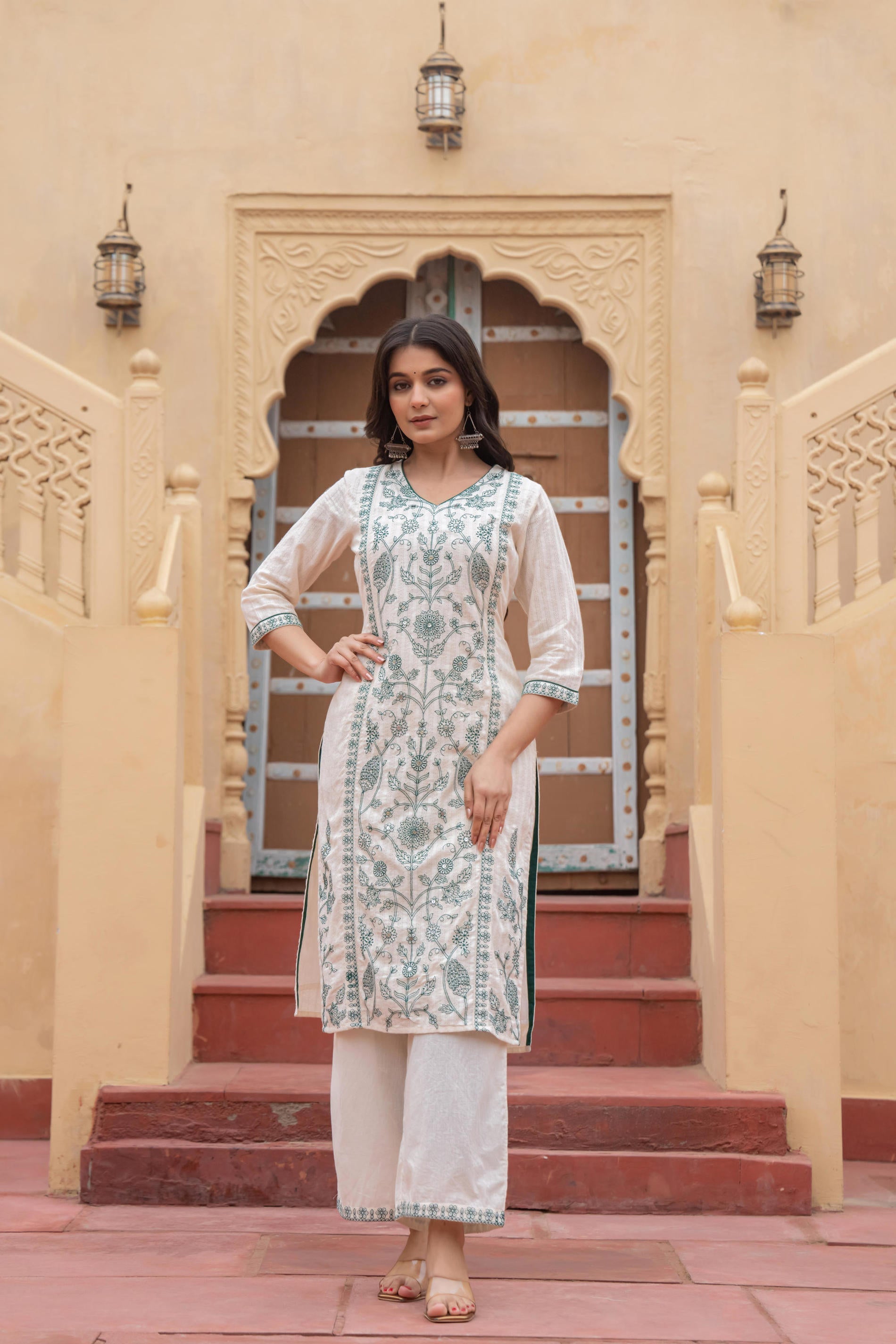 Juniper Off White & Green Floral Embroidered Ethnic Suit Set with Dupatta